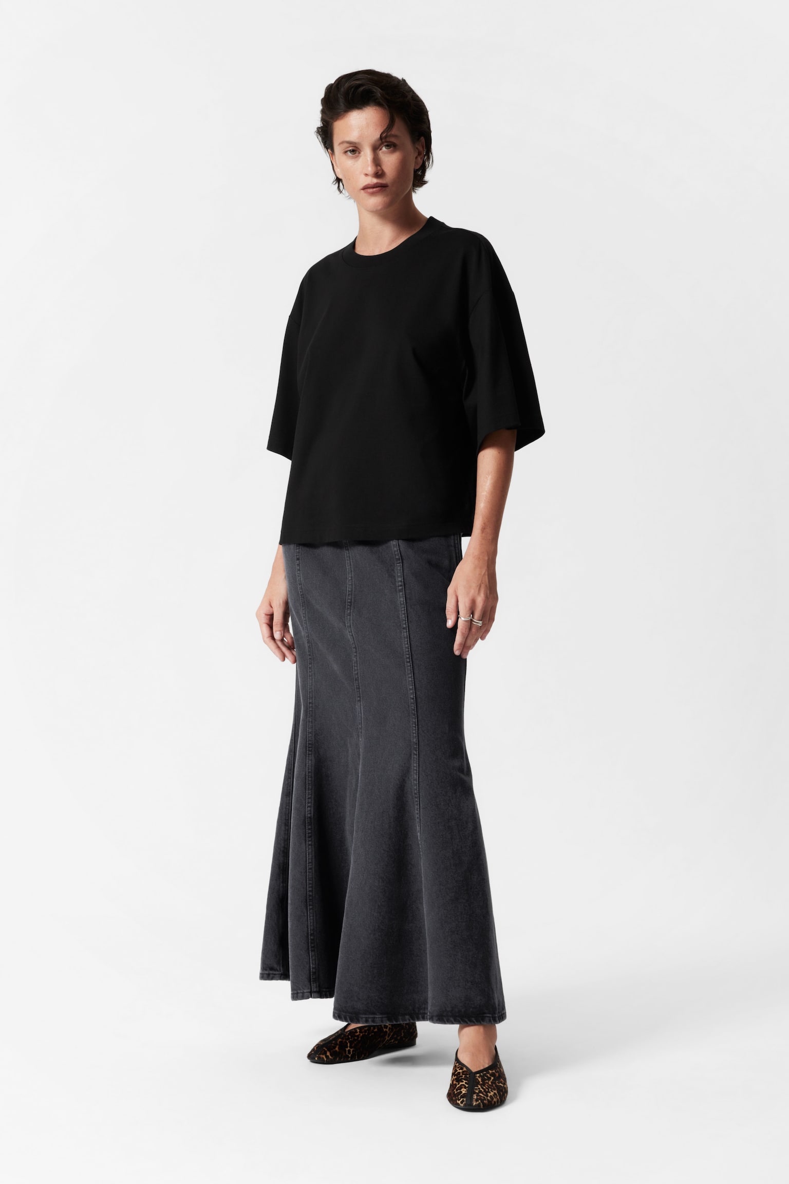 Pleated Denim Maxi Skirt - Black - 1