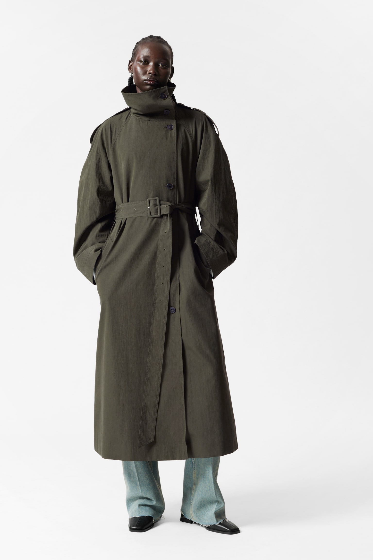 High-Collar Trench Coat - Green - 1