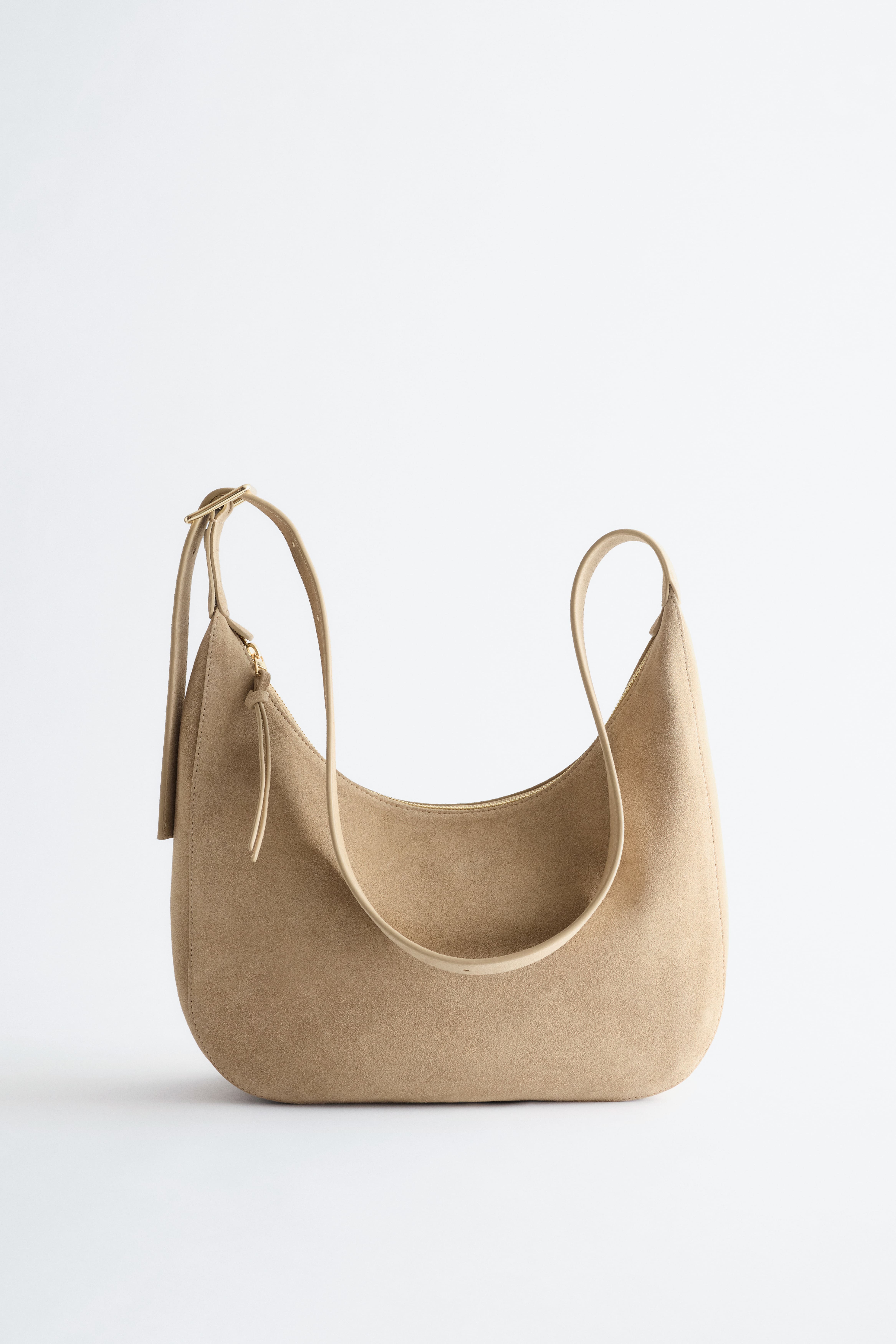 Półokrągła torba crossbody - Beżowy zamsz/Ciemnobrązowa skóra/Dusty Blue Leather