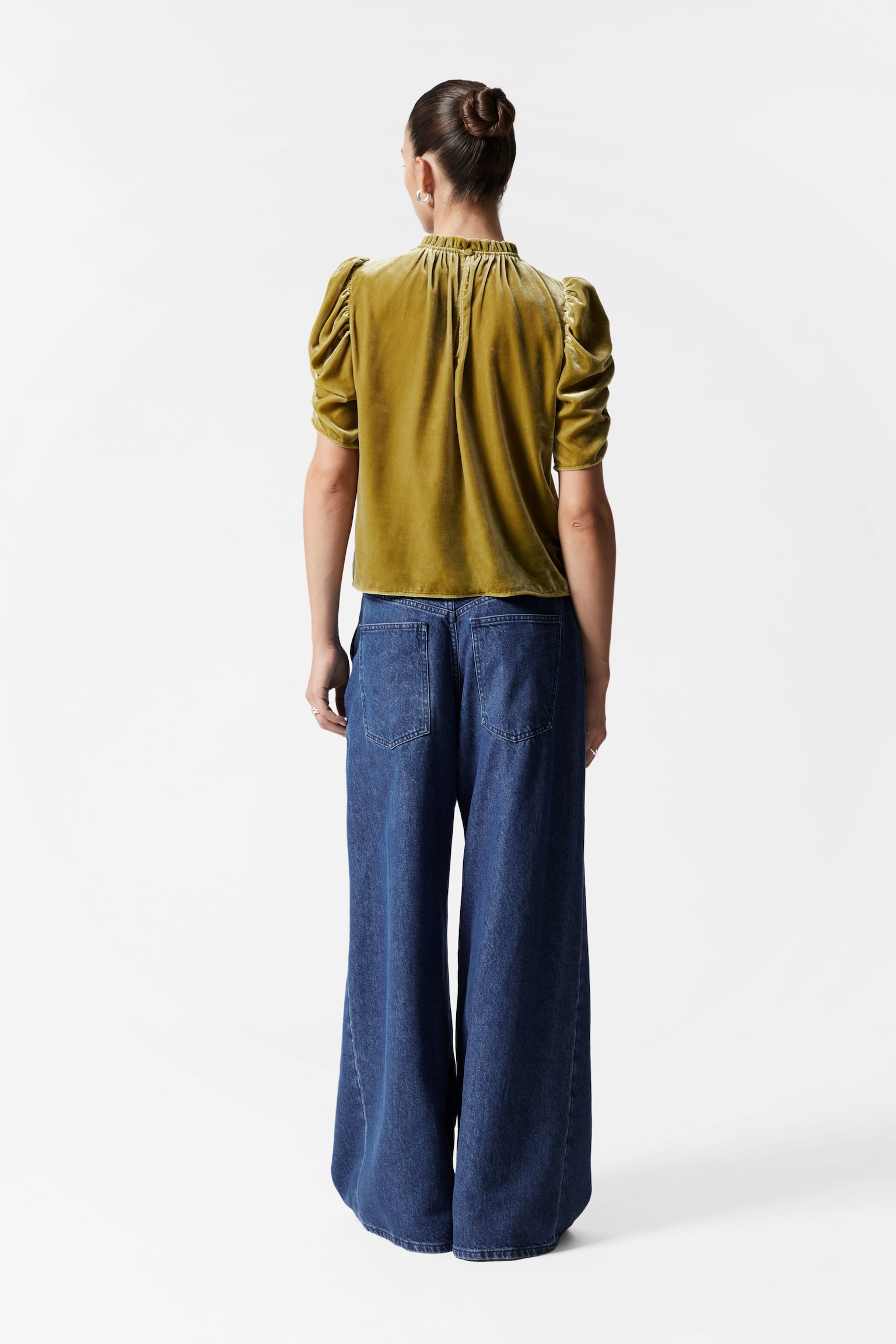 Puff Sleeve Velvet Top - Olive/Pale Yellow - 5