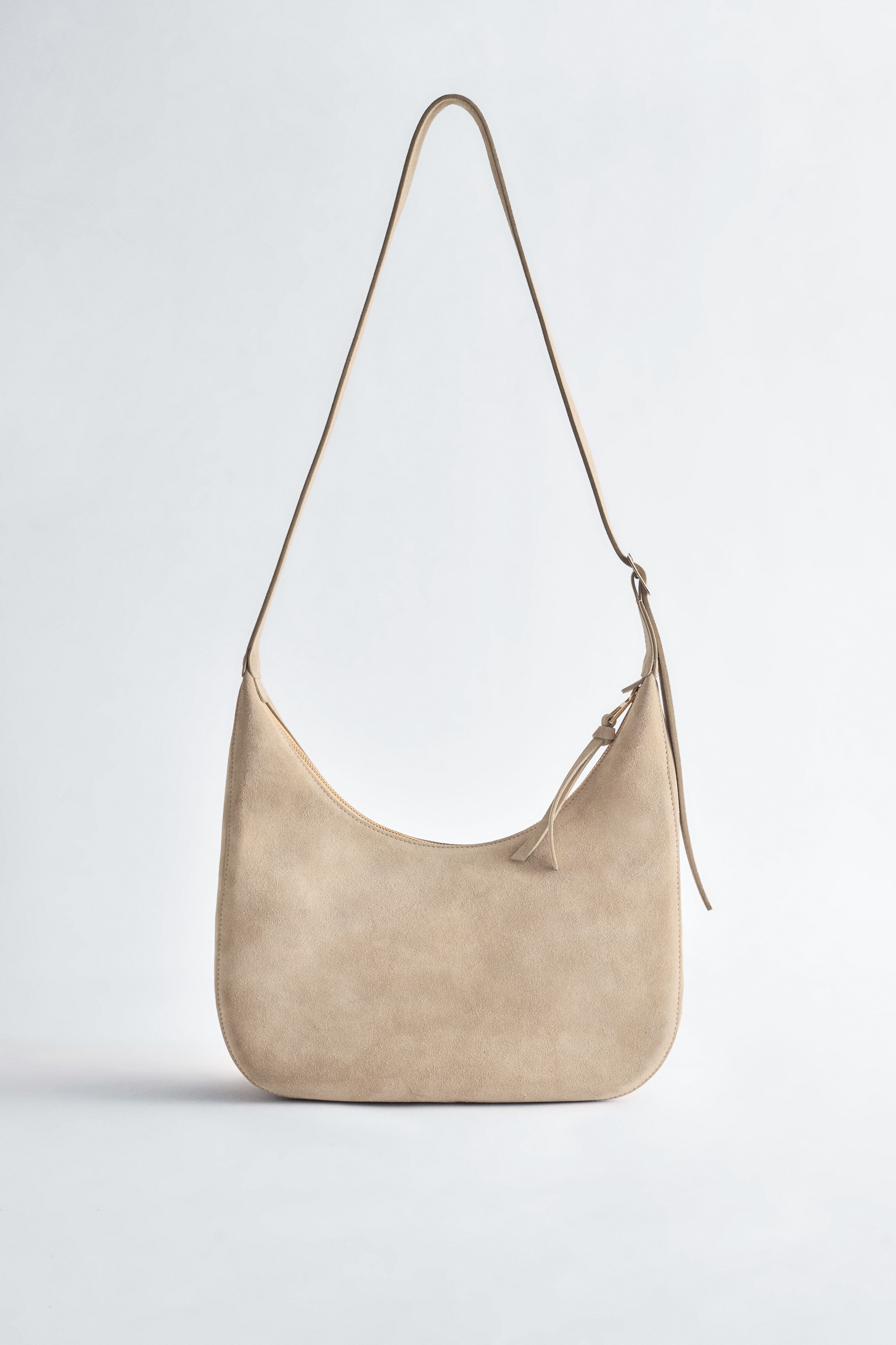 Umhängetasche aus Leder - Beigefarbenes Veloursleder/Dunkelbraun/Leder/Dusty Blue Leather