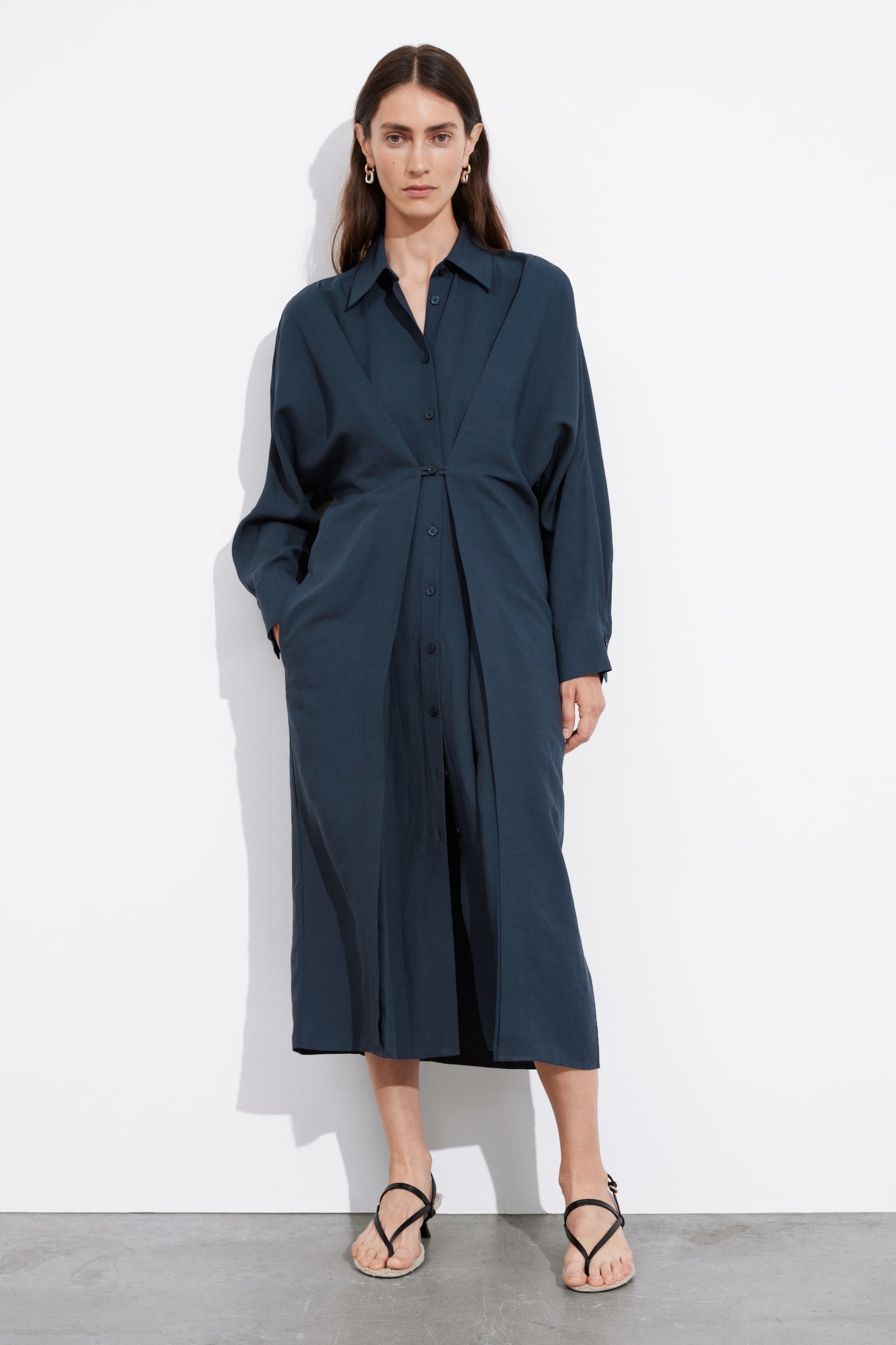 Adjustable Shirt Midi Dress - Navy - 1