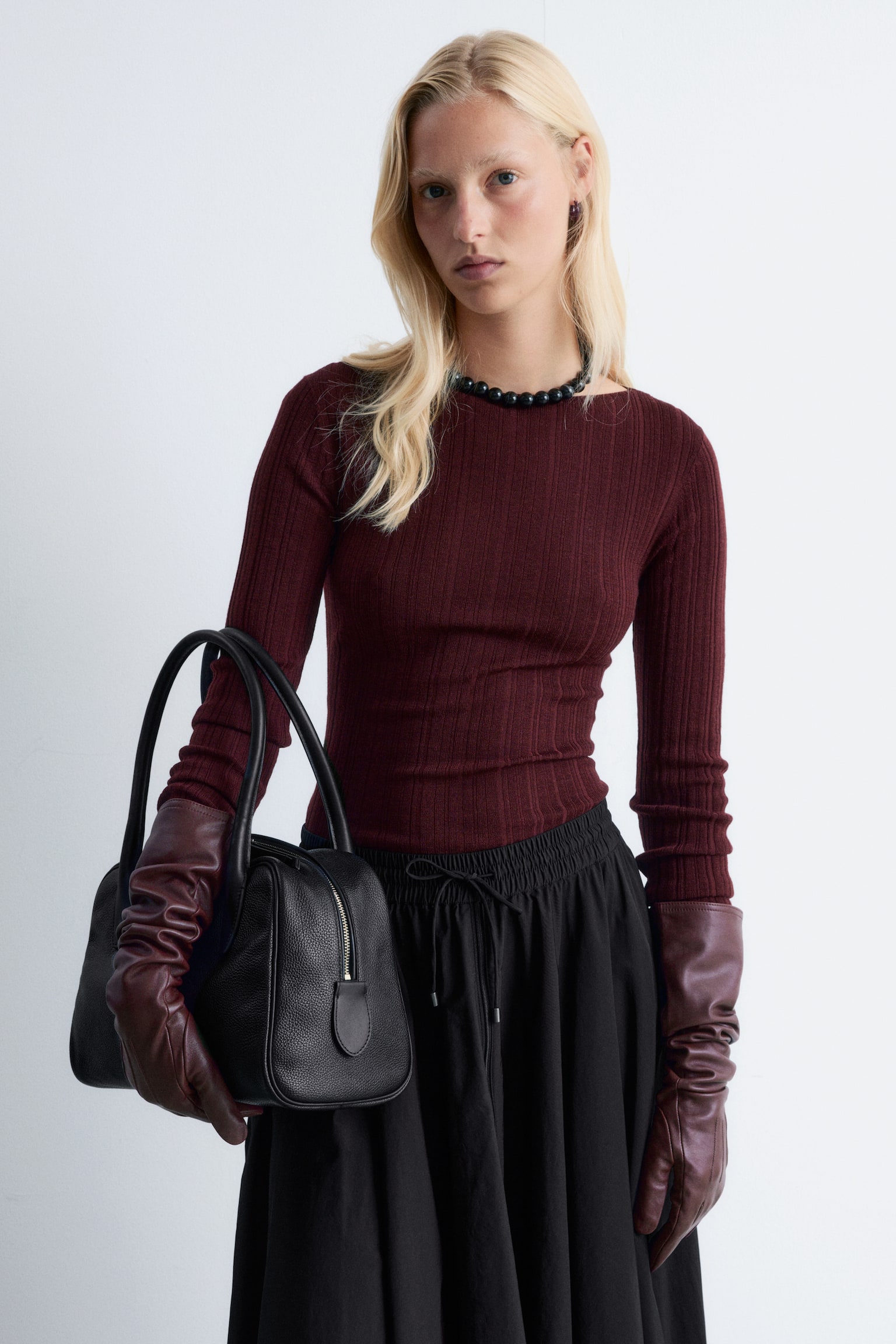 Rippstrick-Wolloberteil mit U-Boot-Ausschnitt - Dunkelrot - 6