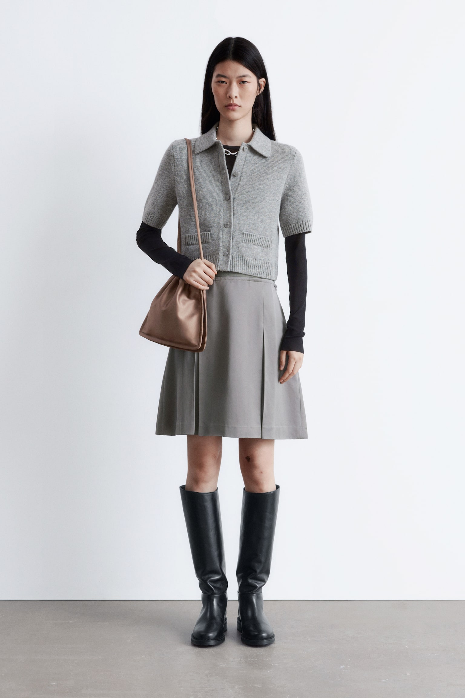 Strickjacke mit kurzen Ärmeln - Grau/Taubenblau/Weiß - 3