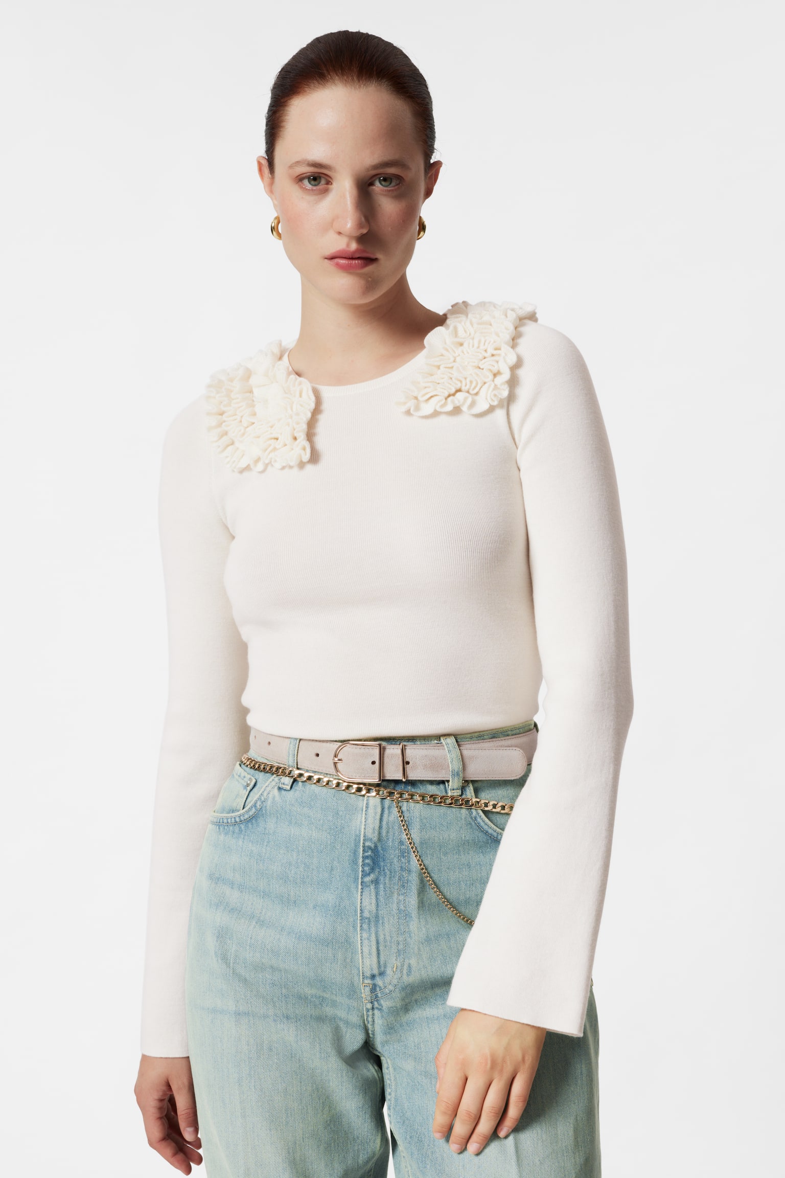 Ruffled Merino-Blend Top - Cream/Mole - 1