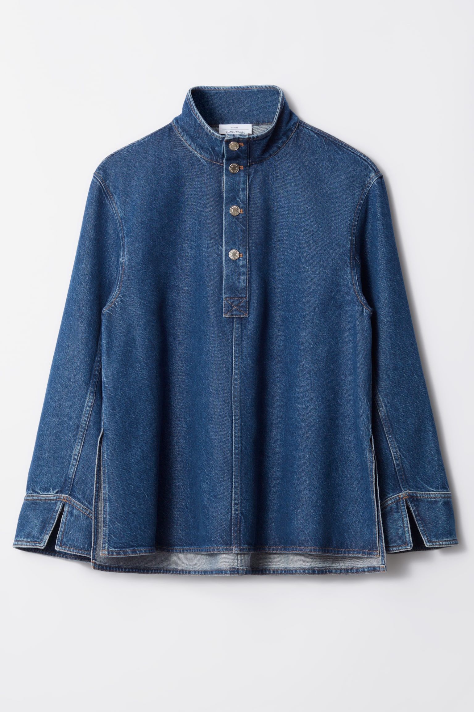 & Other Stories Funnel-neck denim shirt with quarter-length buttoned placket, split cuffs and hem