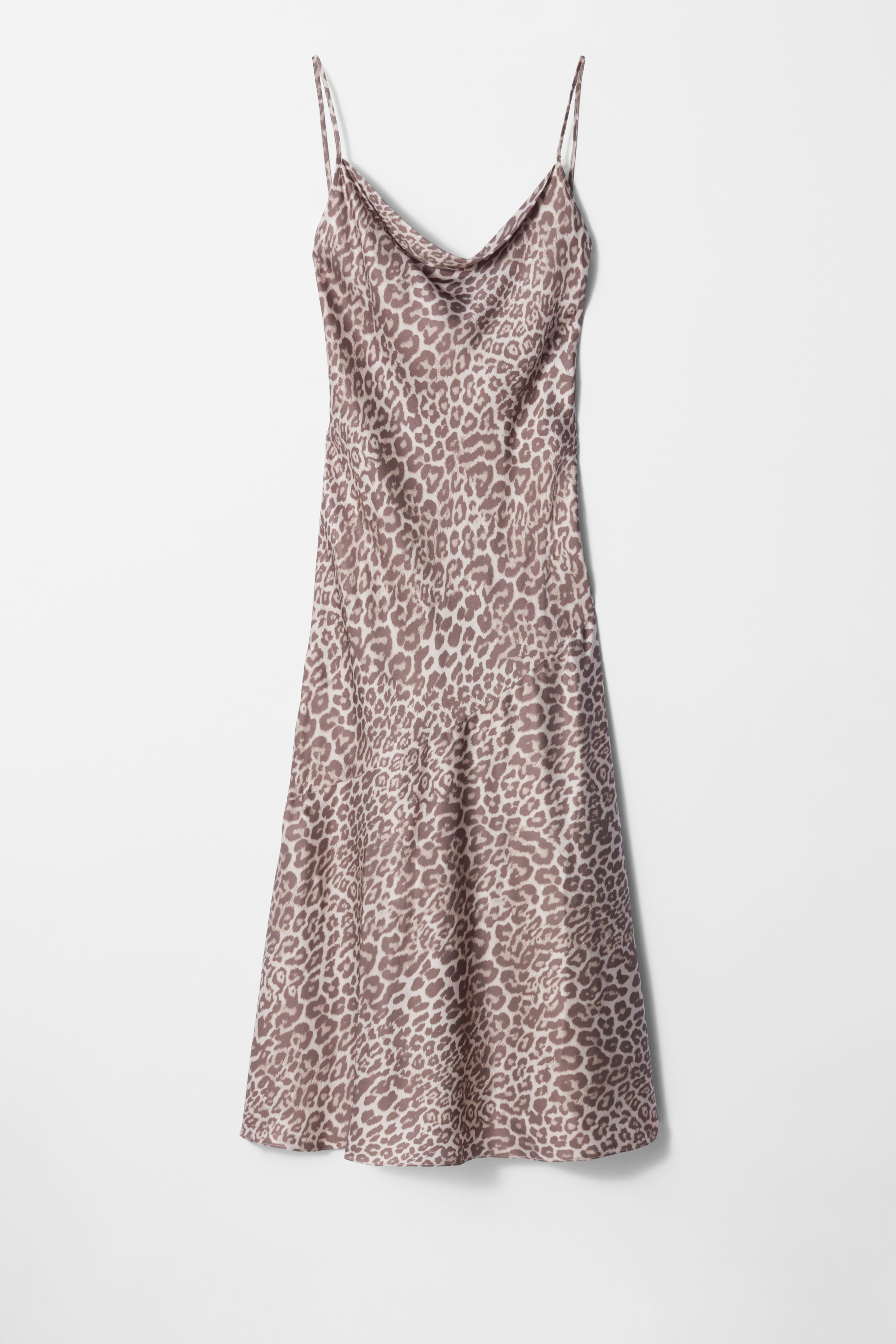 Midilang slipkjole i satin - Leopardprint/Syrenfarvet