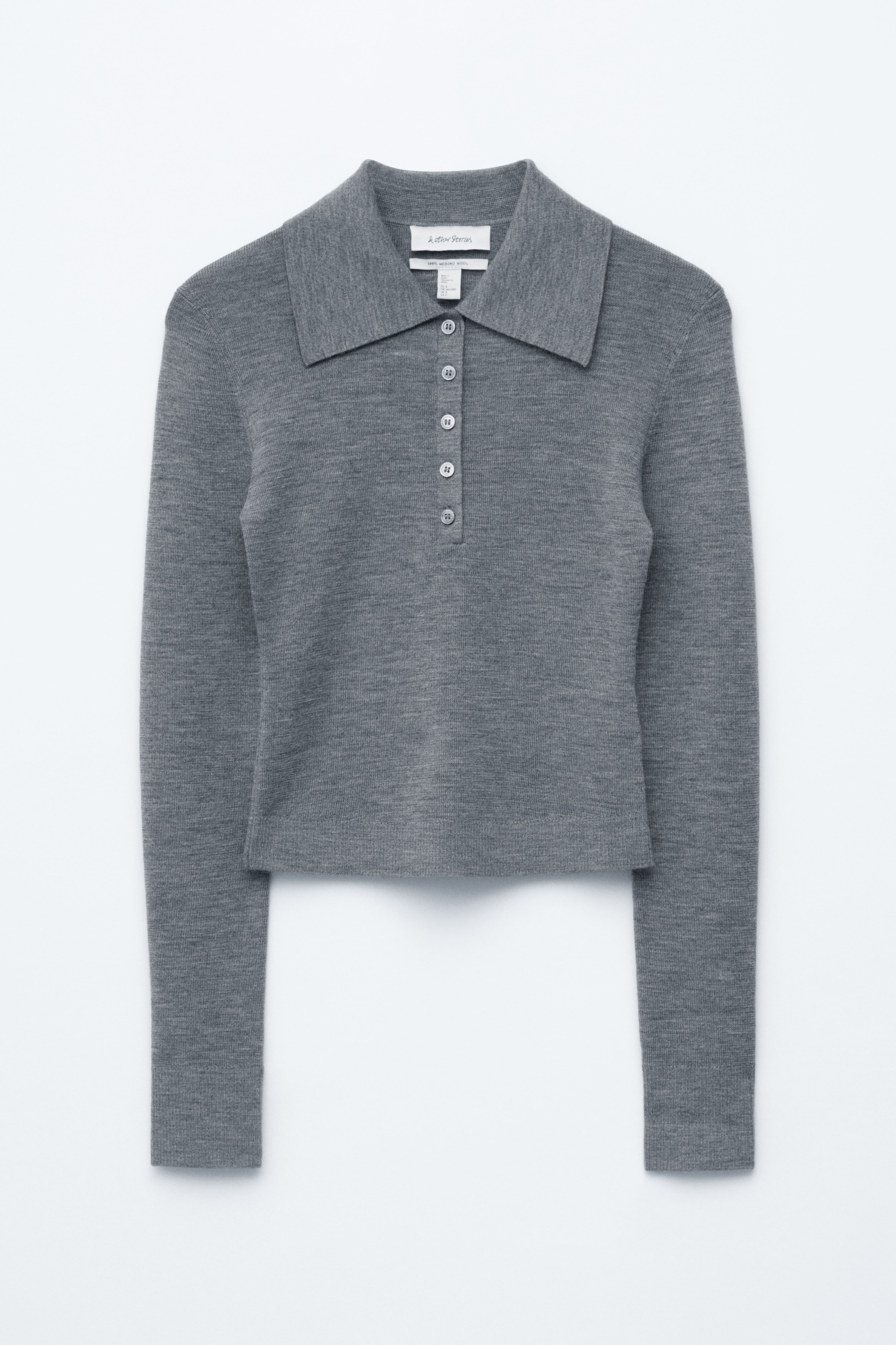 Rippstrick-Poloshirt aus Merinowolle - Grau meliert/Pfirsich/Dunkelbraun