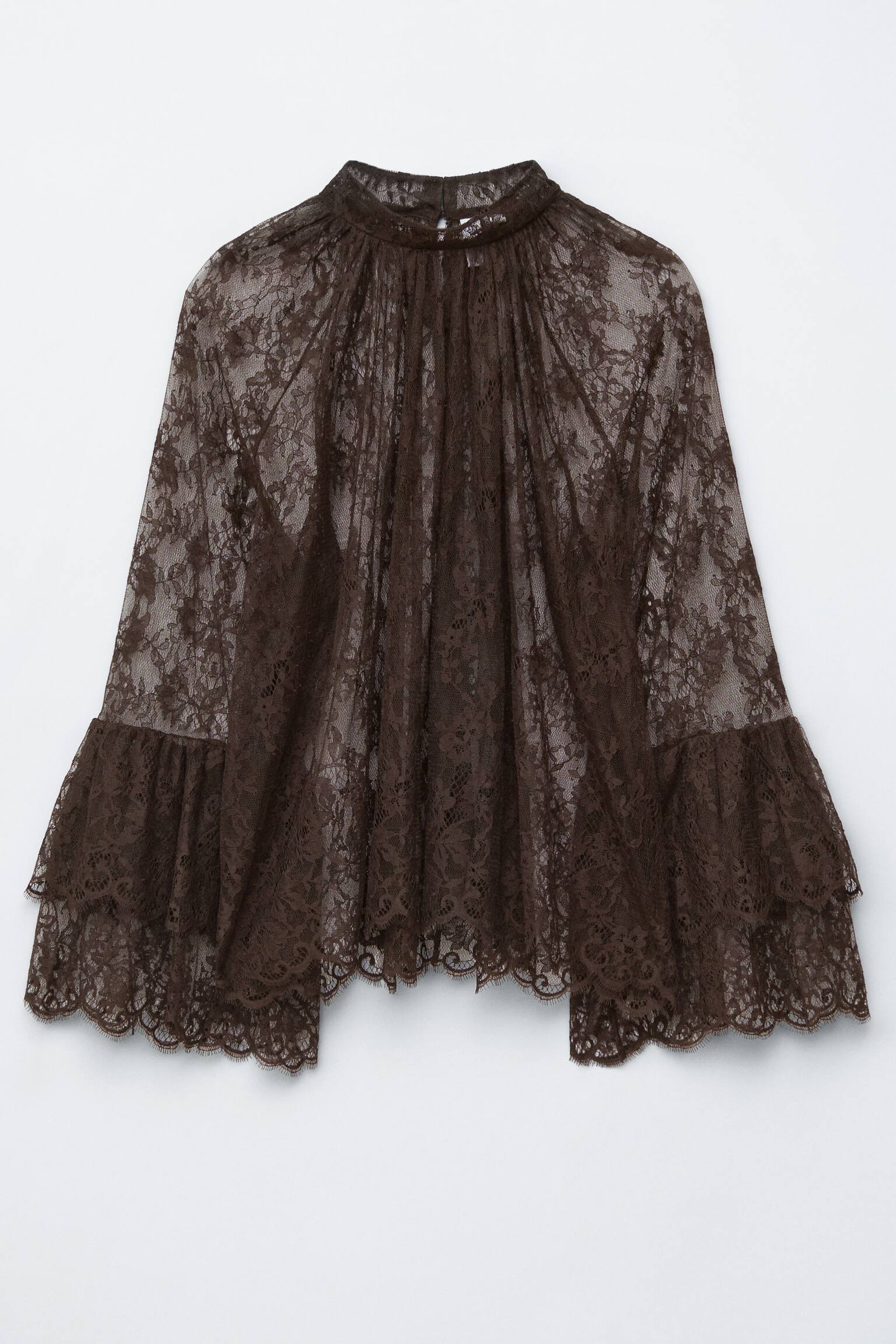 Blondebluse med flæser - Mørkebrun - 2