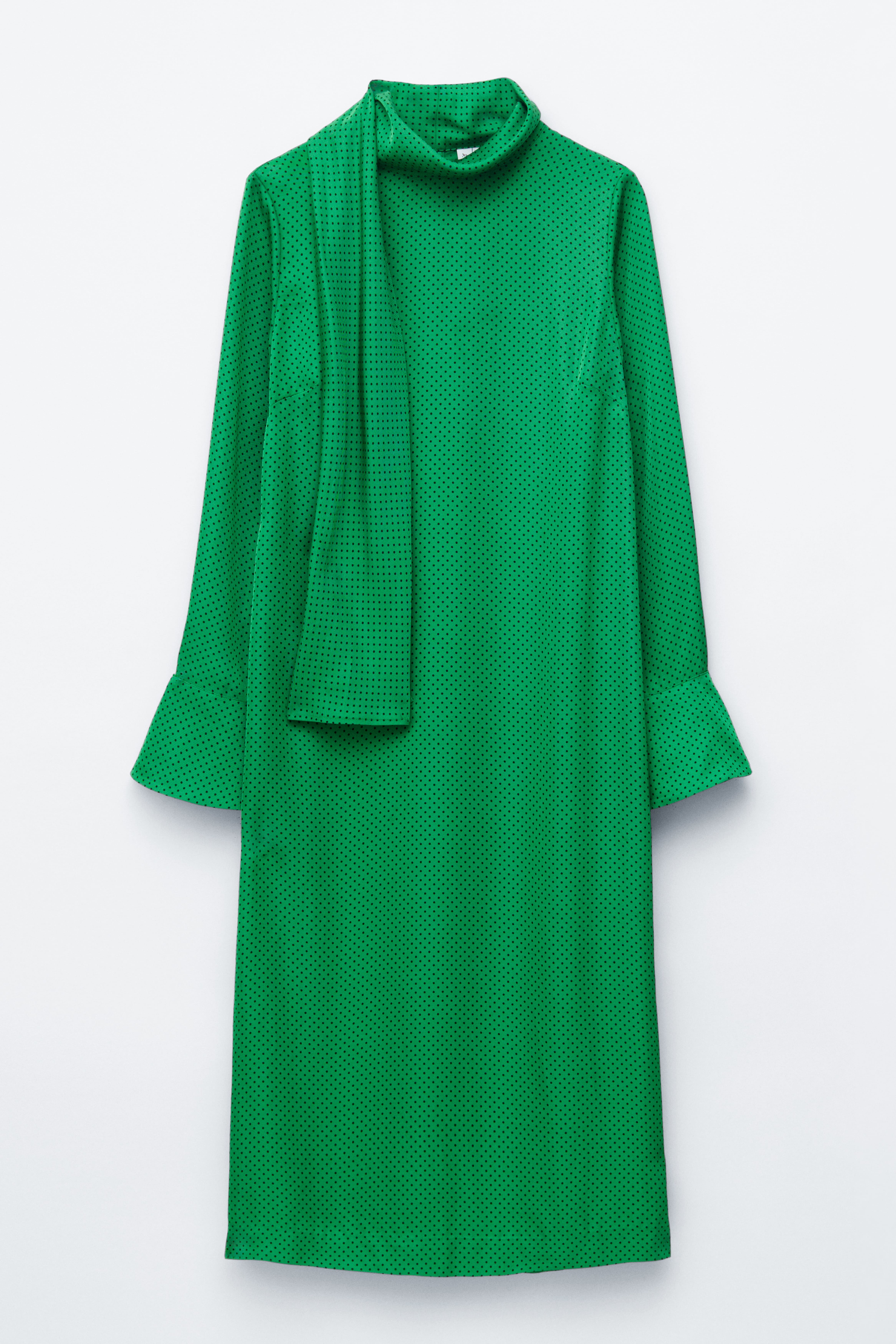 Sálgalléros midi ruha - Zöld/Mikropöttyös/Sötétbarna