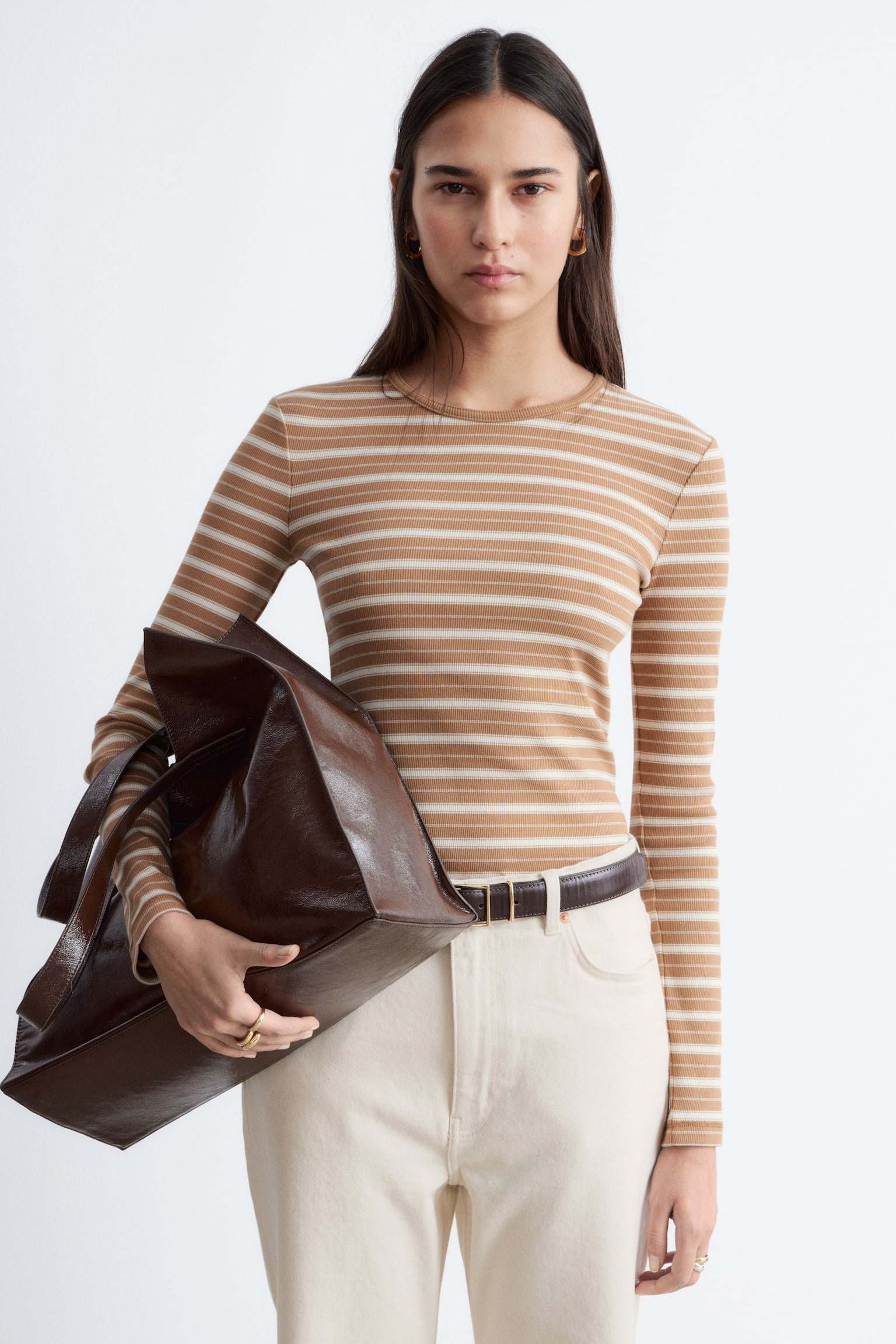 Geribbelde top met lange mouwen - Bruin/witte strepen/Wit/Pastelgeel/Beige/zwarte strepen/Lichtgrijs/Donkerbruin/Zwart - 1