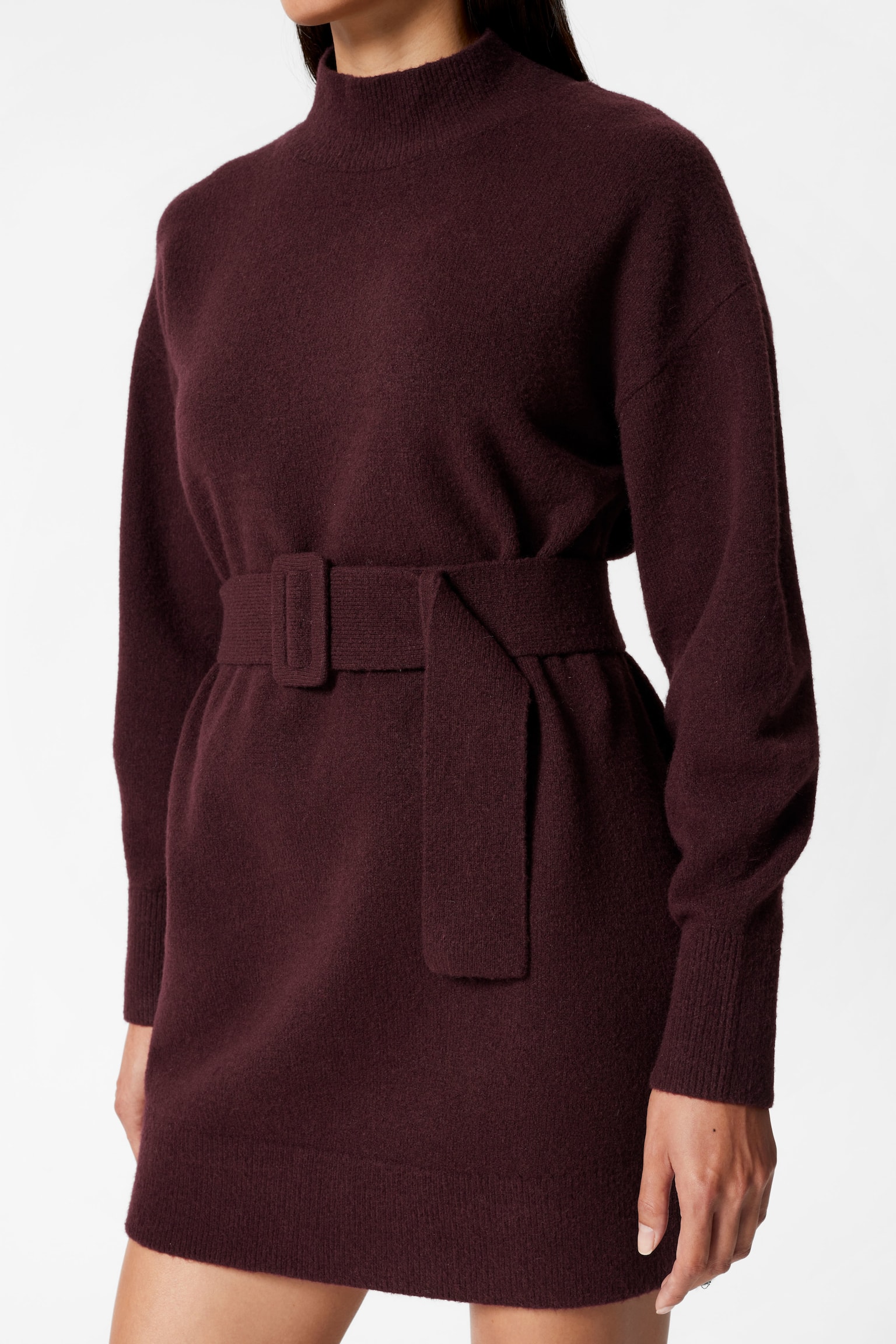 Belted Mini Knit Dress - Dark Red/Black/Grey - 4