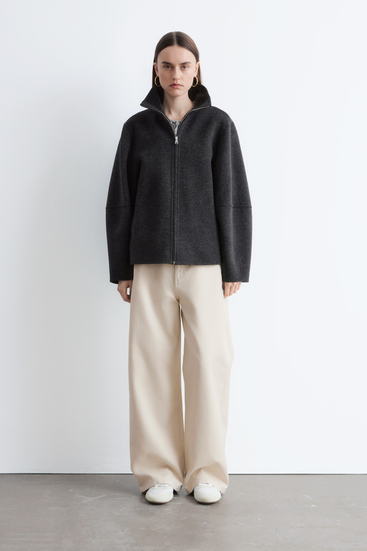 Uldjakke med lynlås - Dark Grey/Dark Beige - 7