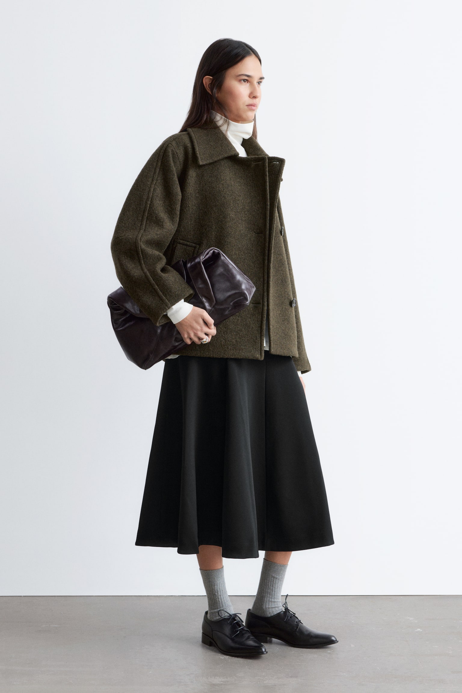 Jachetă supradimensionată din lână - Verde Kaki Închis/Negru - 3