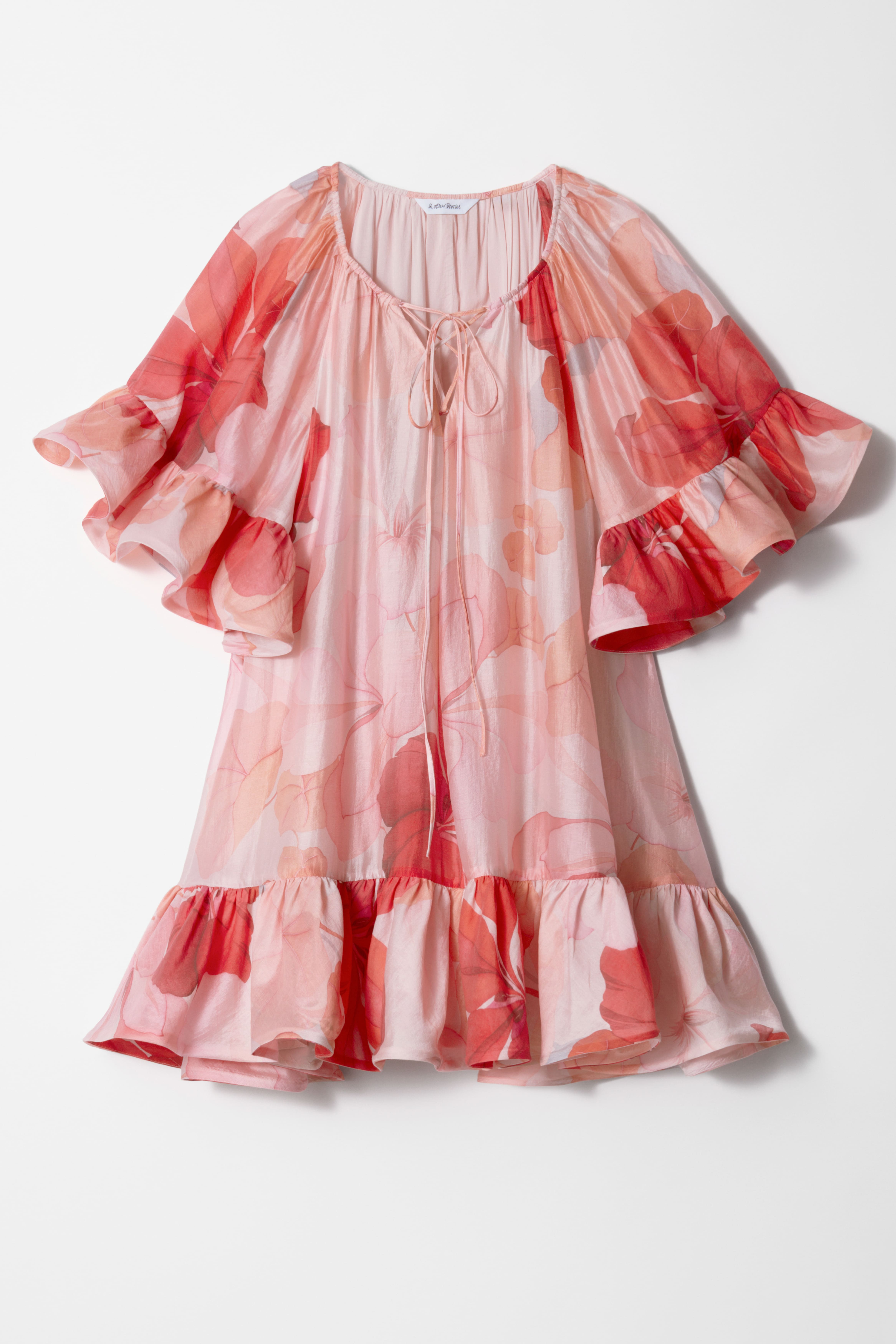 Minikleid mit Rüschen - Rosa/Rot geblümt/Dunkelrot