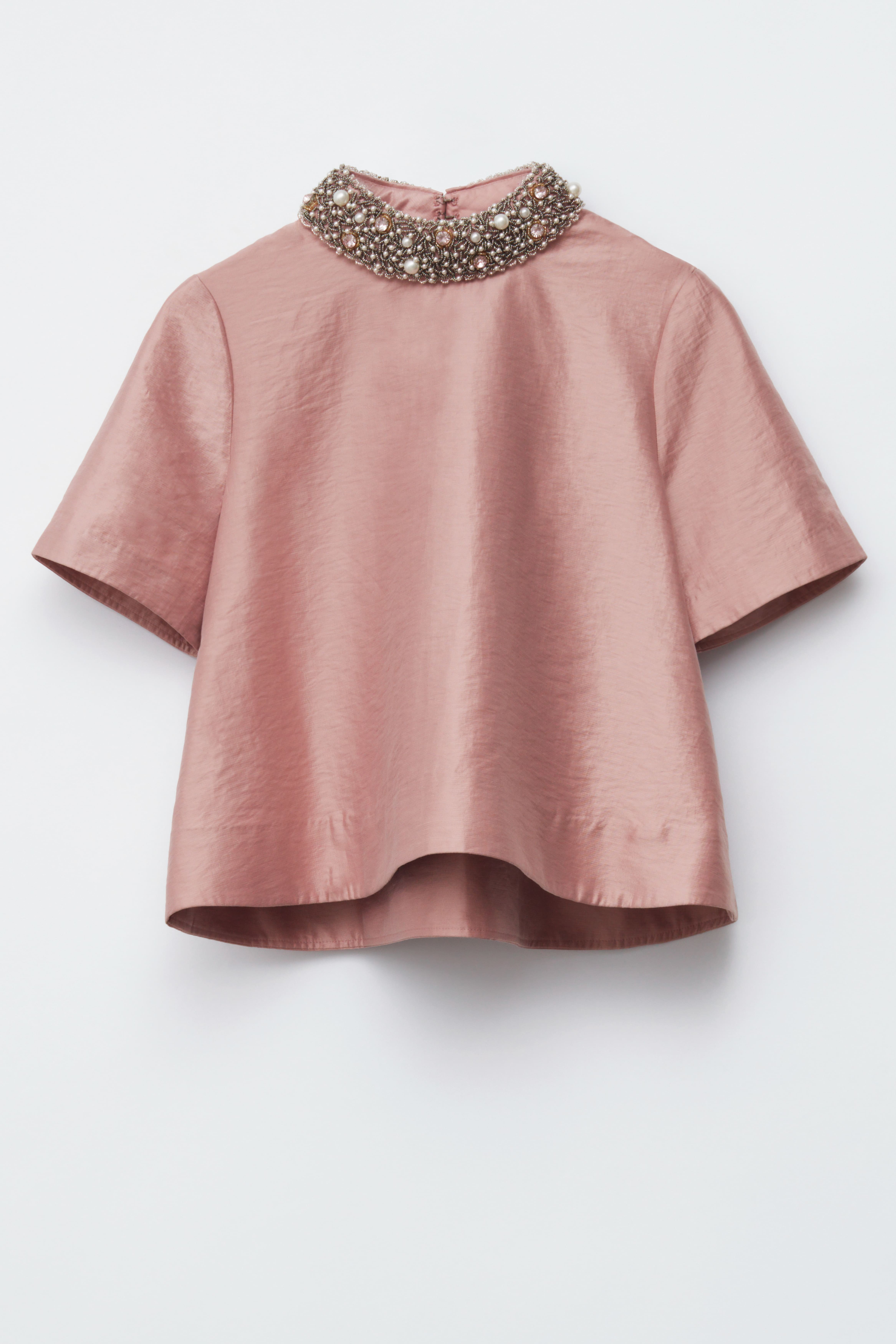 Short-Sleeve Pearl-Embroidered Blouse - Dusty Pink