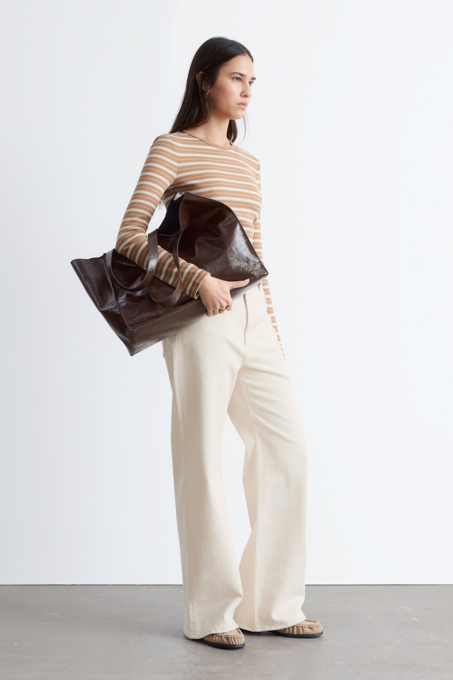 Geribbelde top met lange mouwen - Bruin/witte strepen/Wit/Pastelgeel/Beige/zwarte strepen/Lichtgrijs/Donkerbruin/Zwart - 6