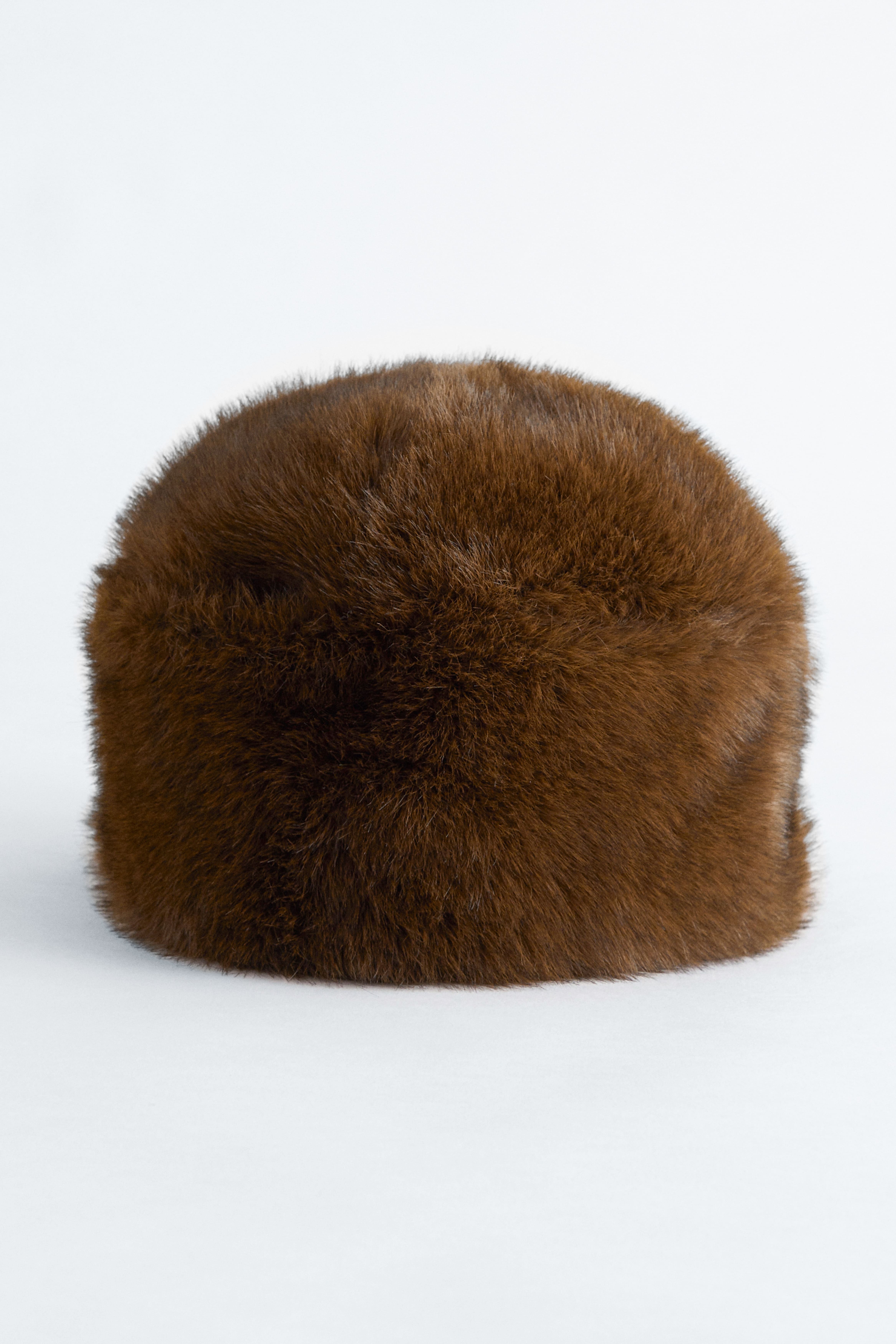 Mütze aus Fellimitat - Braun/Creme