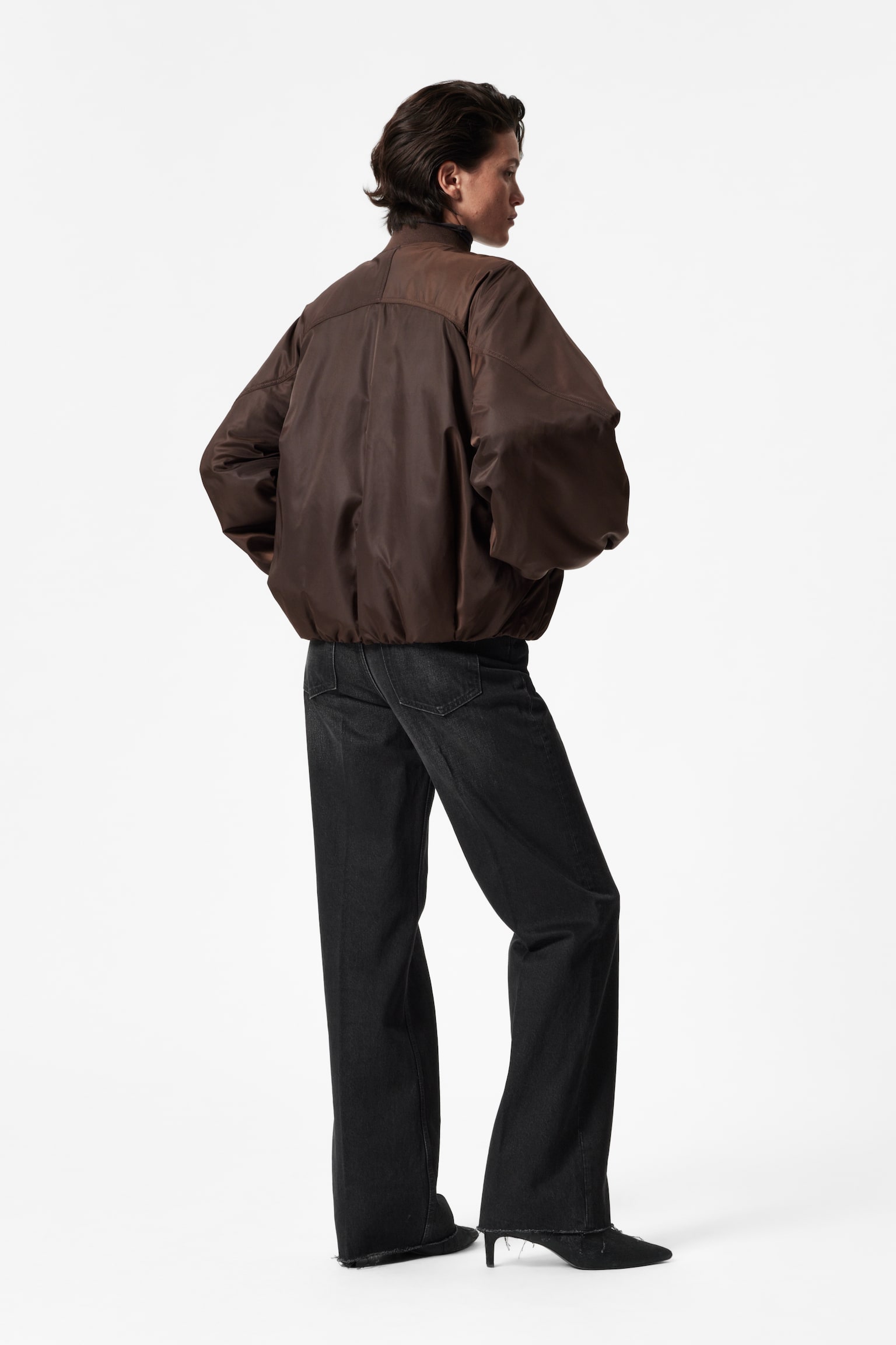 Voluminous-Sleeve Bomber Jacket - Dark Brown - 3