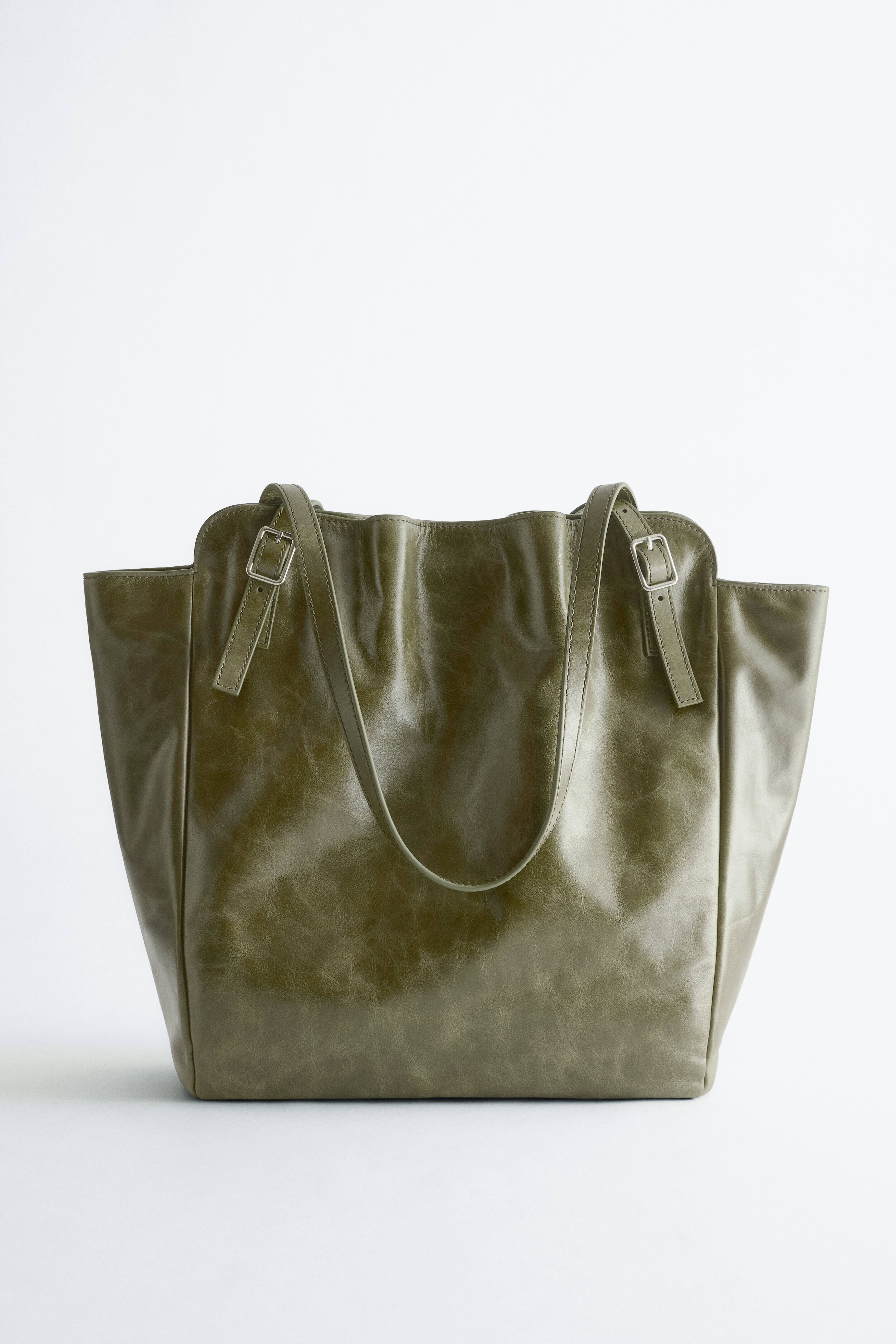 Tragetasche aus Leder mit Schnallenriemen - Khaki Green/Light Beige
