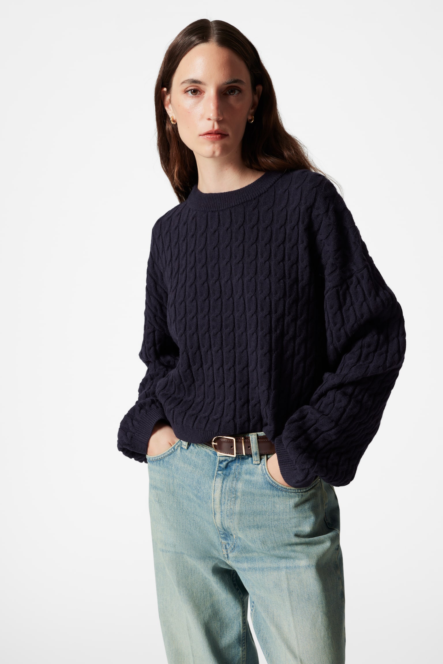 Cable-Knit Wool Jumper - Navy/Ivory - 1