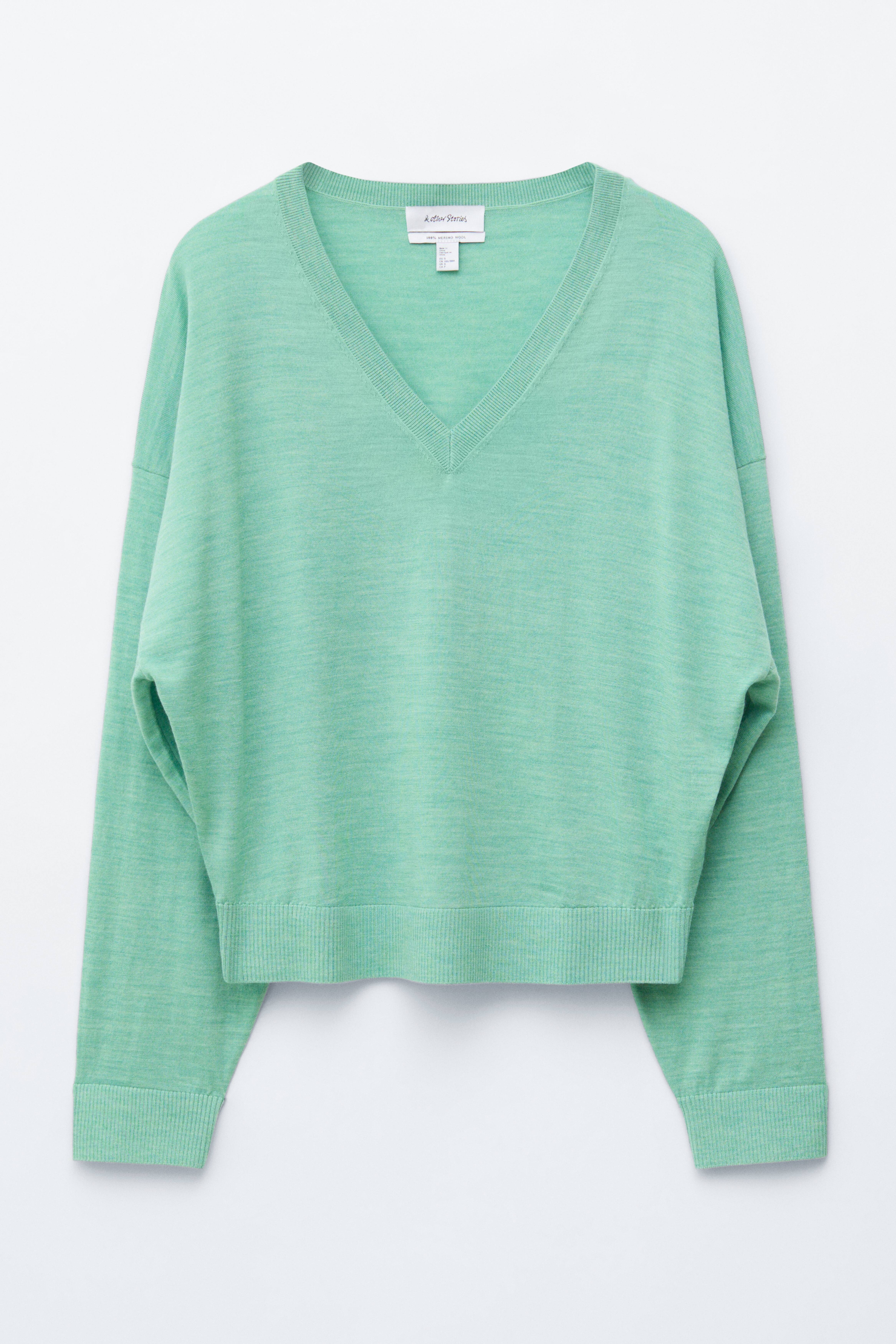 V-Neck Merino Wool Jumper - Light Turquoise Melange/Dark Blue/Khaki Green