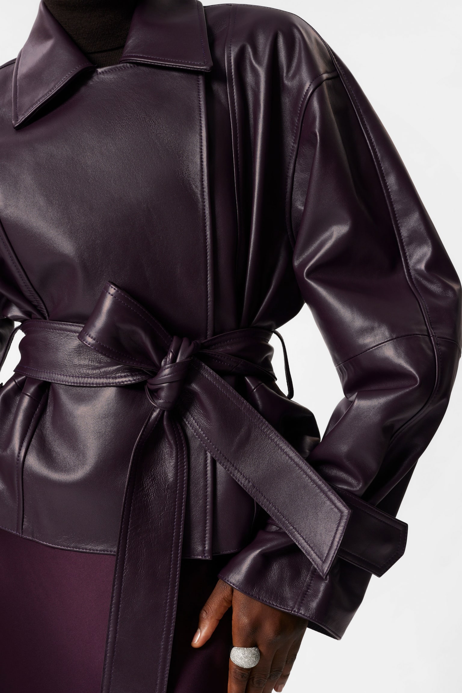 Belted Leather Jacket - Dark Purple - 8