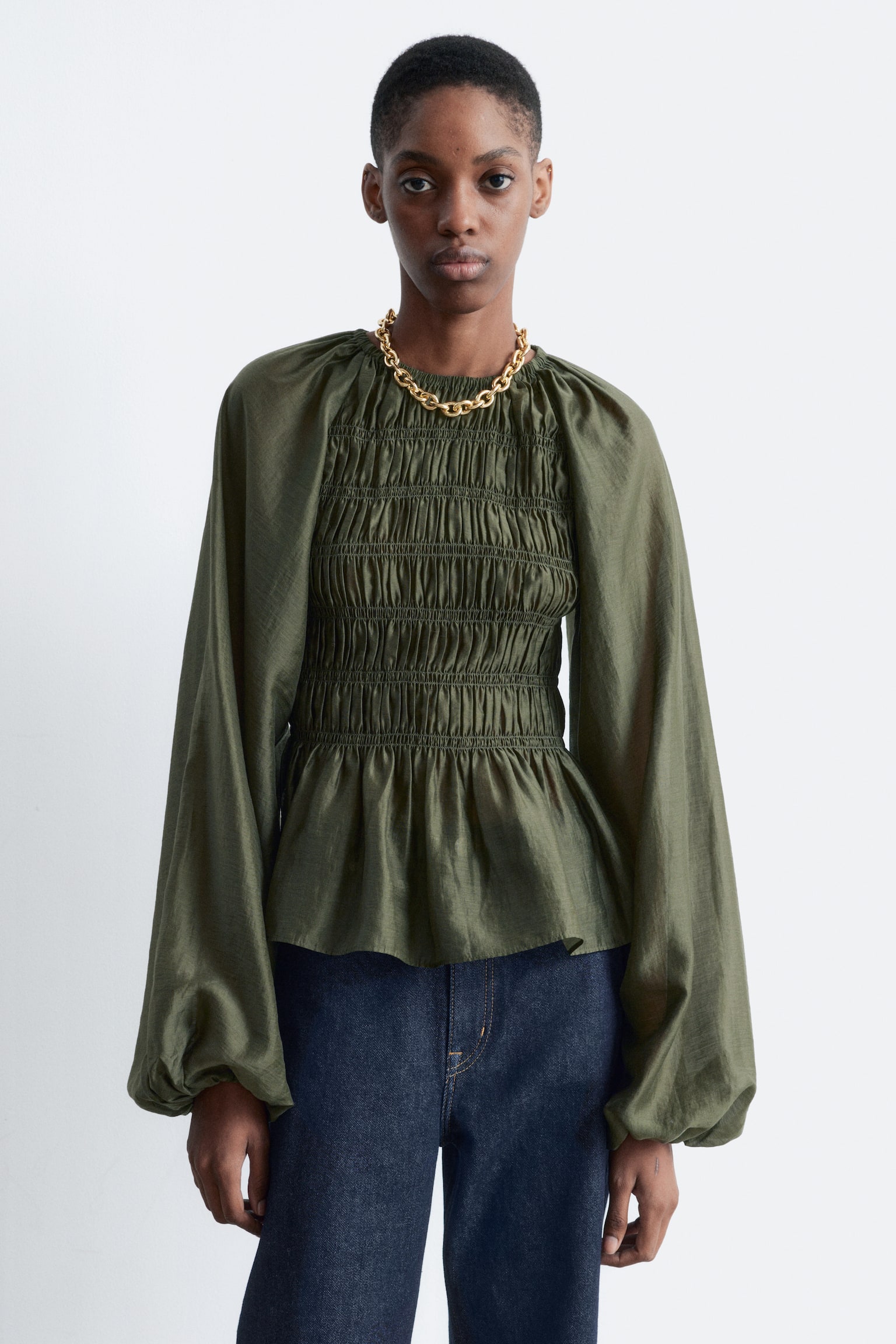 Gesmokte blouse met ballonmouwen - Donkergroen - 1