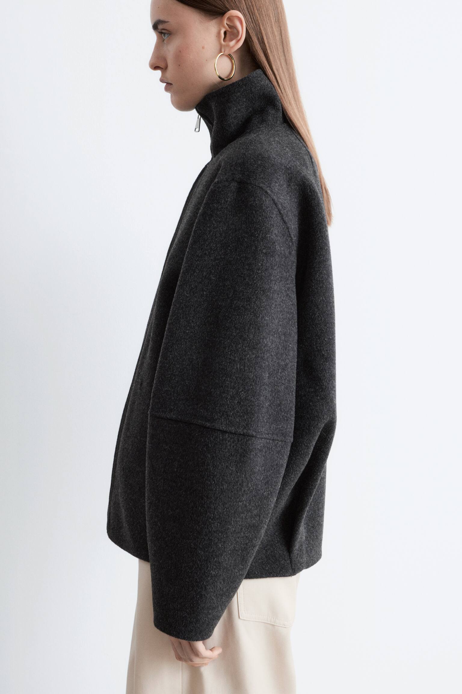 Uldjakke med lynlås - Dark Grey/Dark Beige - 9
