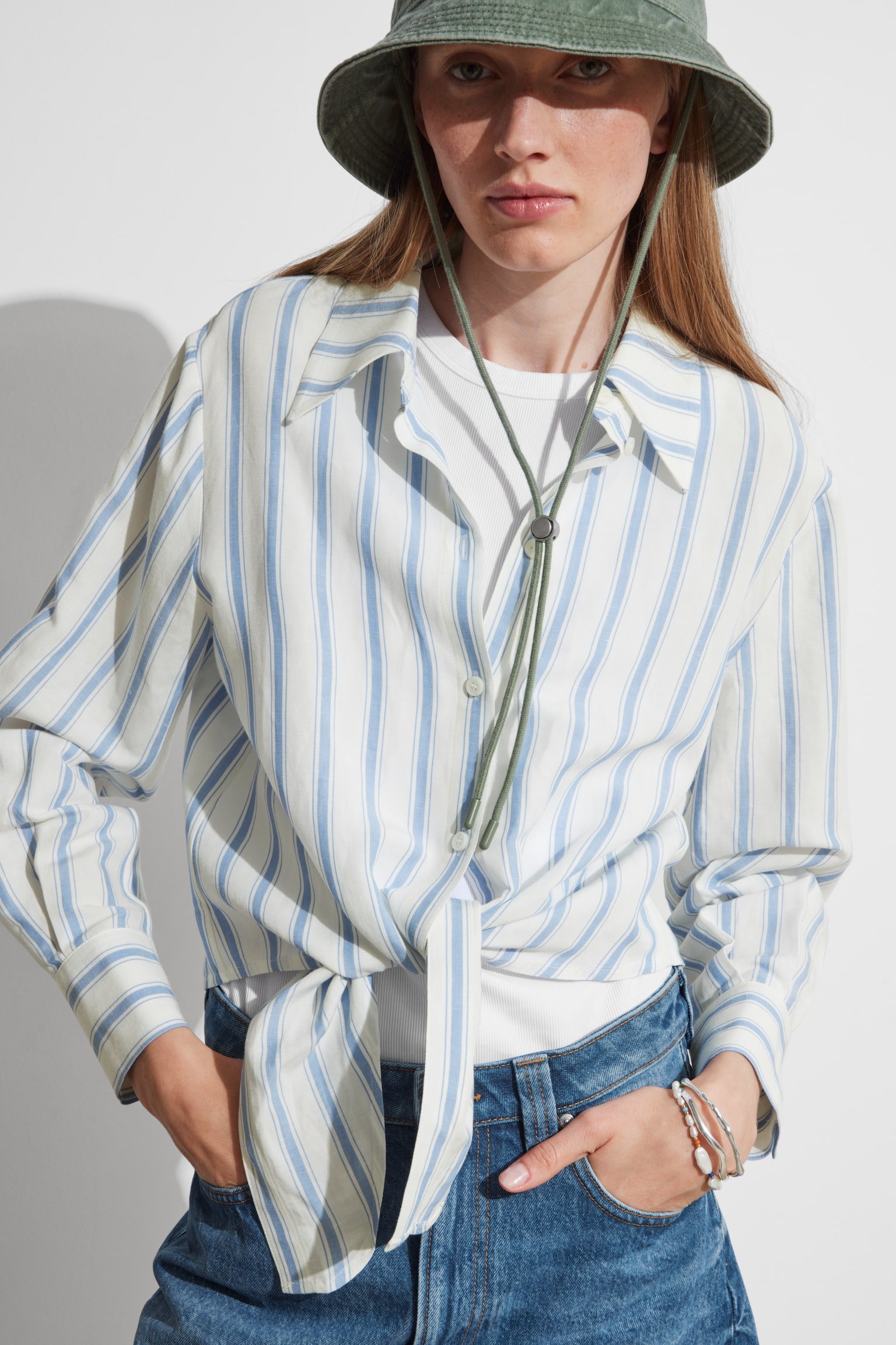 Tie-Front Shirt - Blue/White/Blue/White Stripes/White/Orange Stripes/White - 1