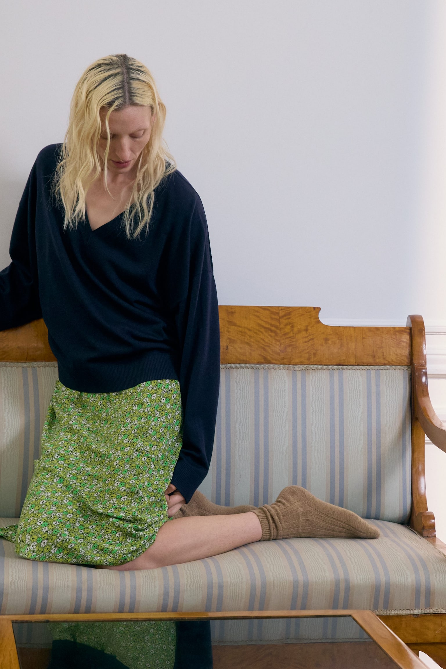 Maglione in lana merino con scollo a V - Blu scuro/Turchese chiaro mélange/Verde kaki - 5