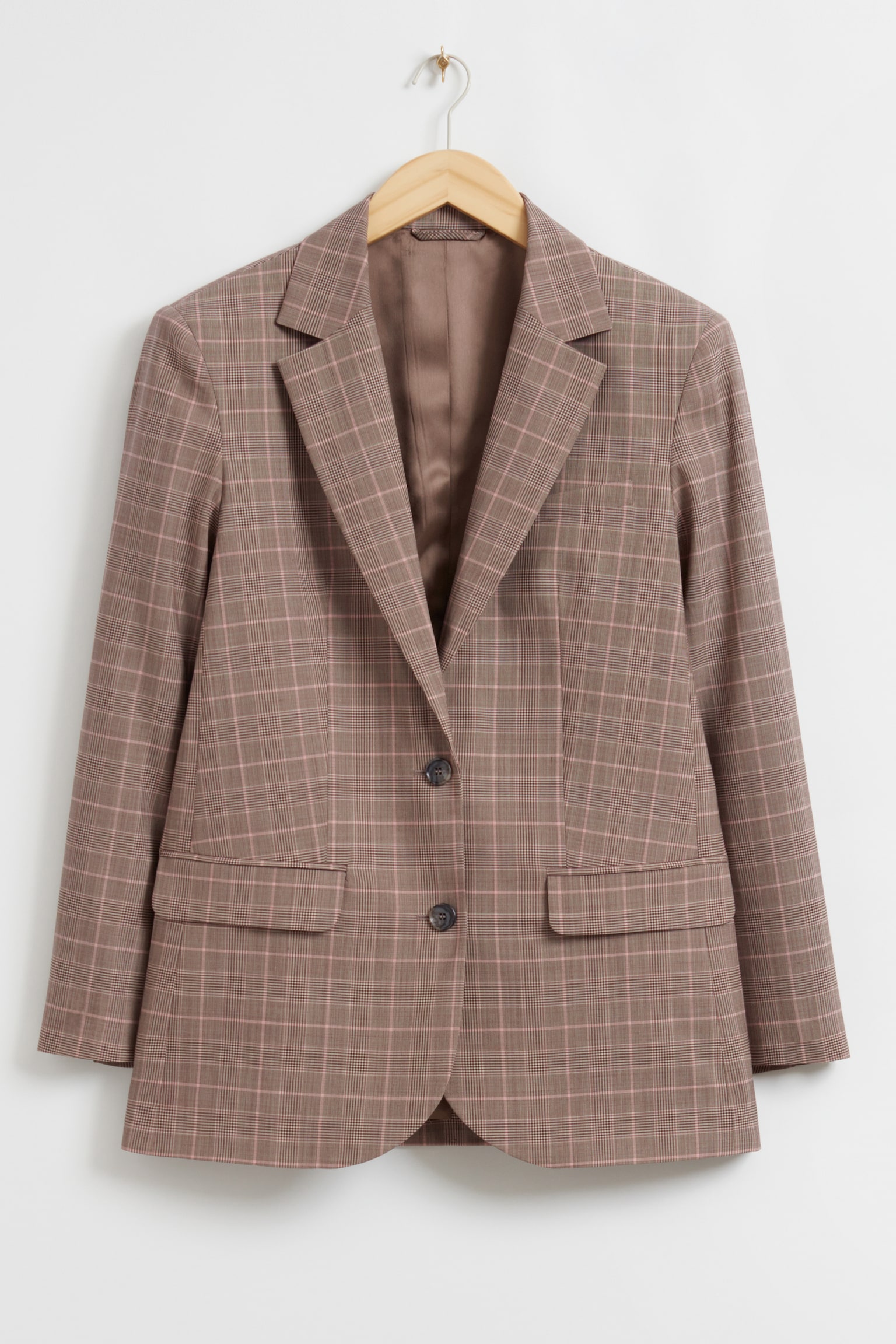 Oversized Padded Shoulder Blazer - Light Brown Checked - 1