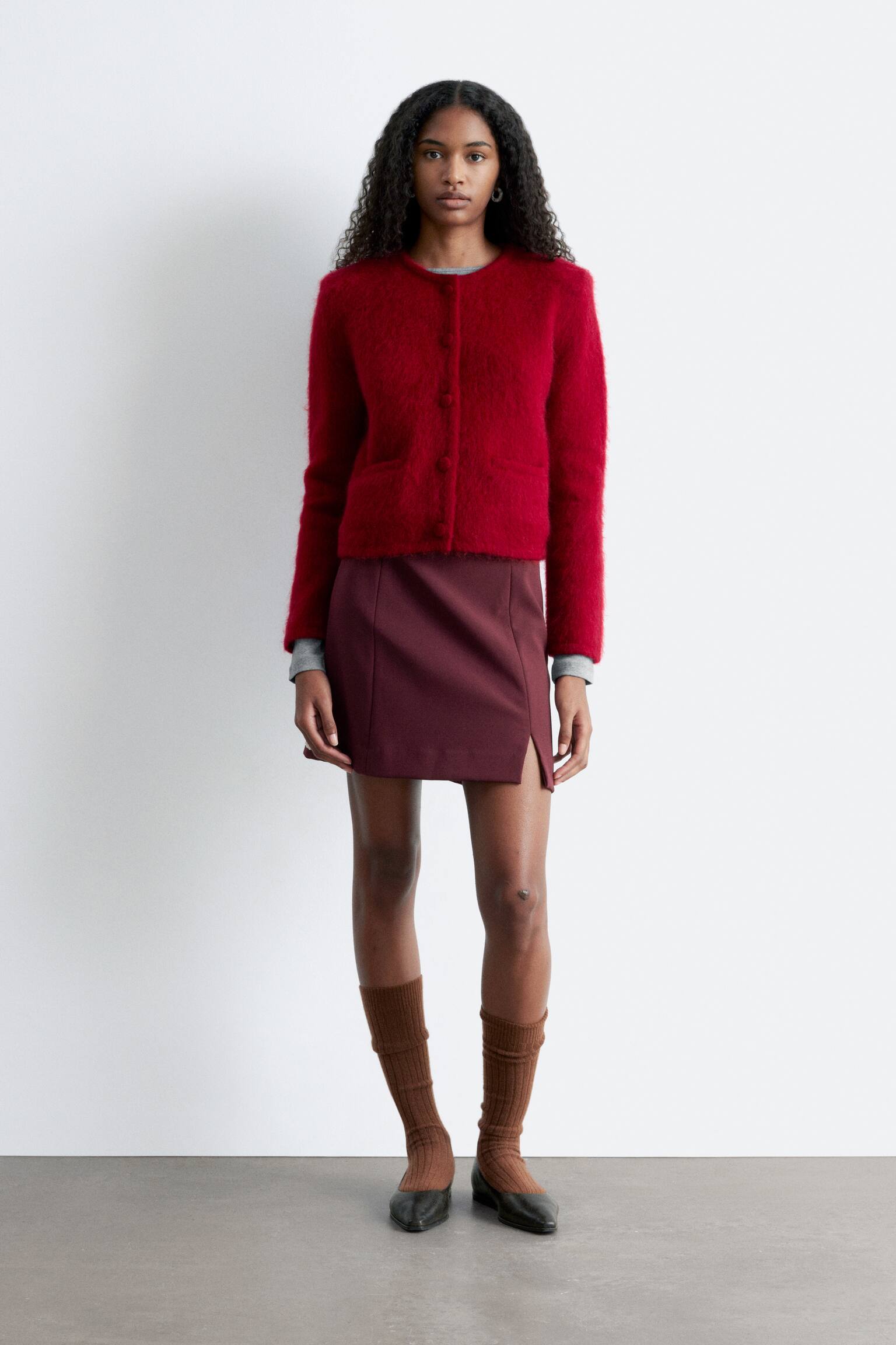 Højtaljet mininederdel - Mørkerød/Sort - 1