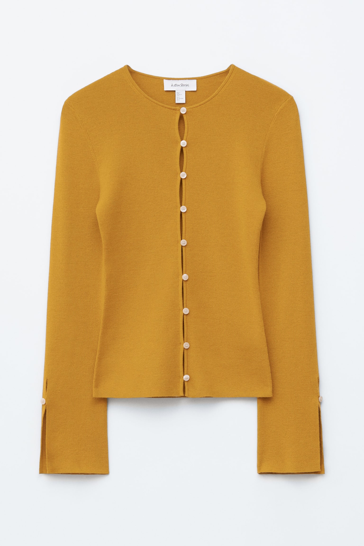 Eng anliegende Strickjacke aus Wolle - Senfgelb/Hellblau - 2