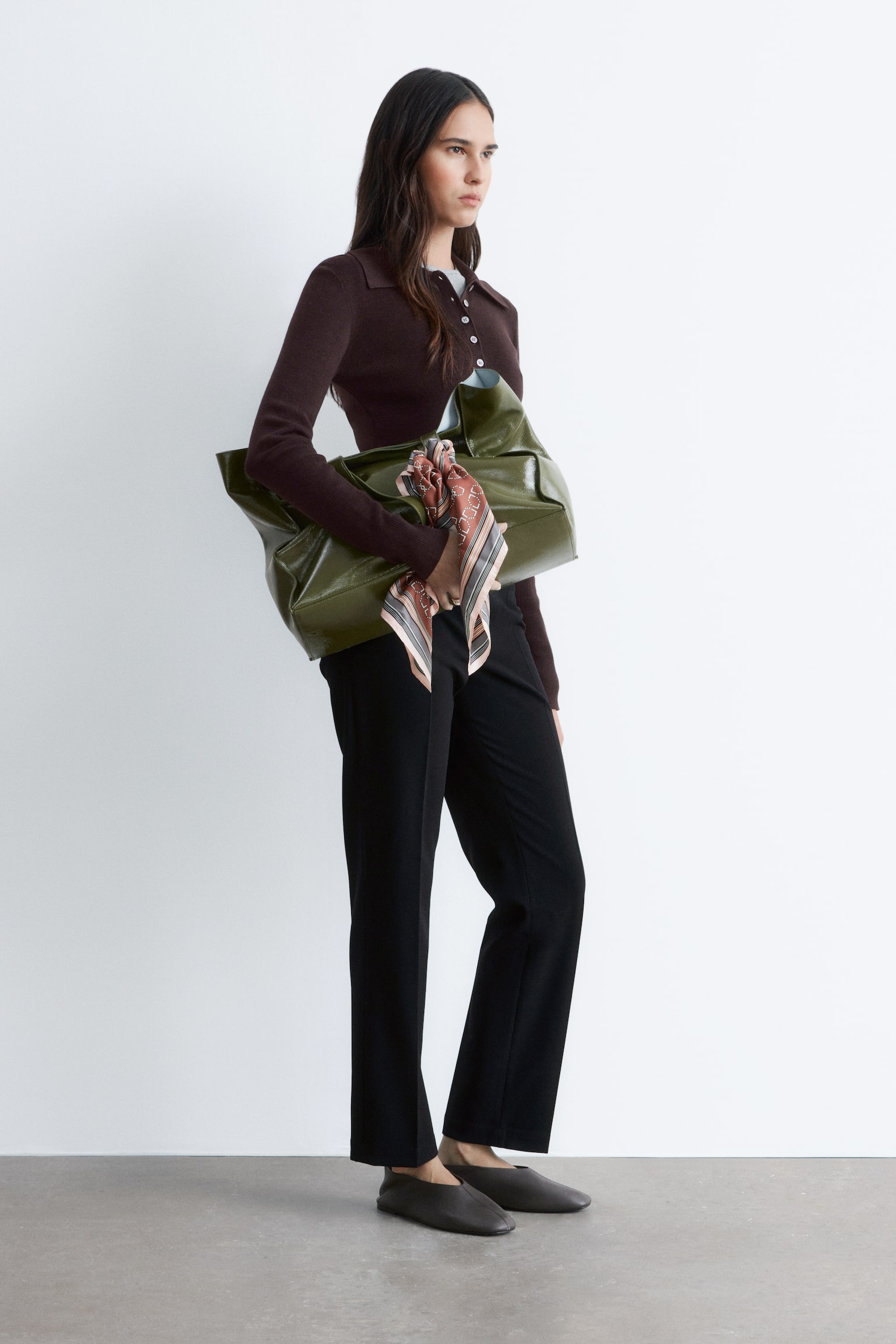 Rippstrick-Poloshirt aus Merinowolle - Dunkelbraun/Pfirsich - 5