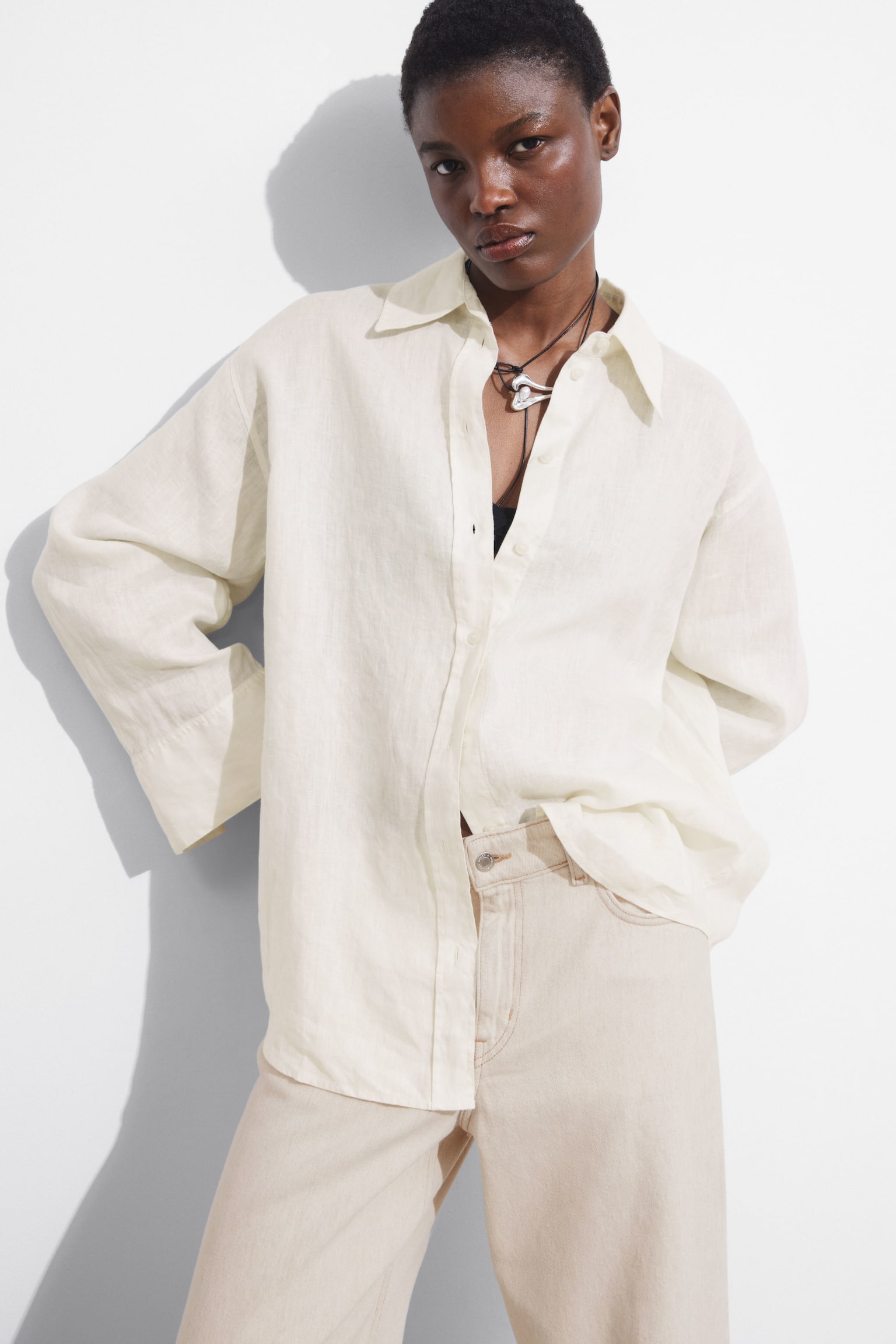 Oversized Linen Shirt - White - 1