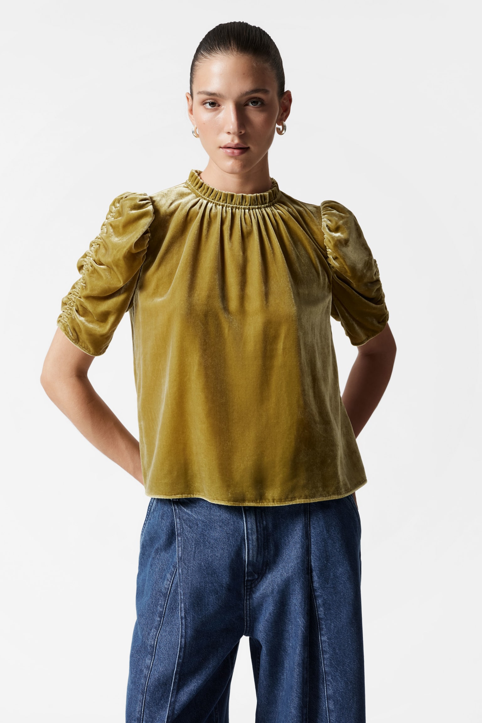 Puff Sleeve Velvet Top - Olive/Pale Yellow - 1