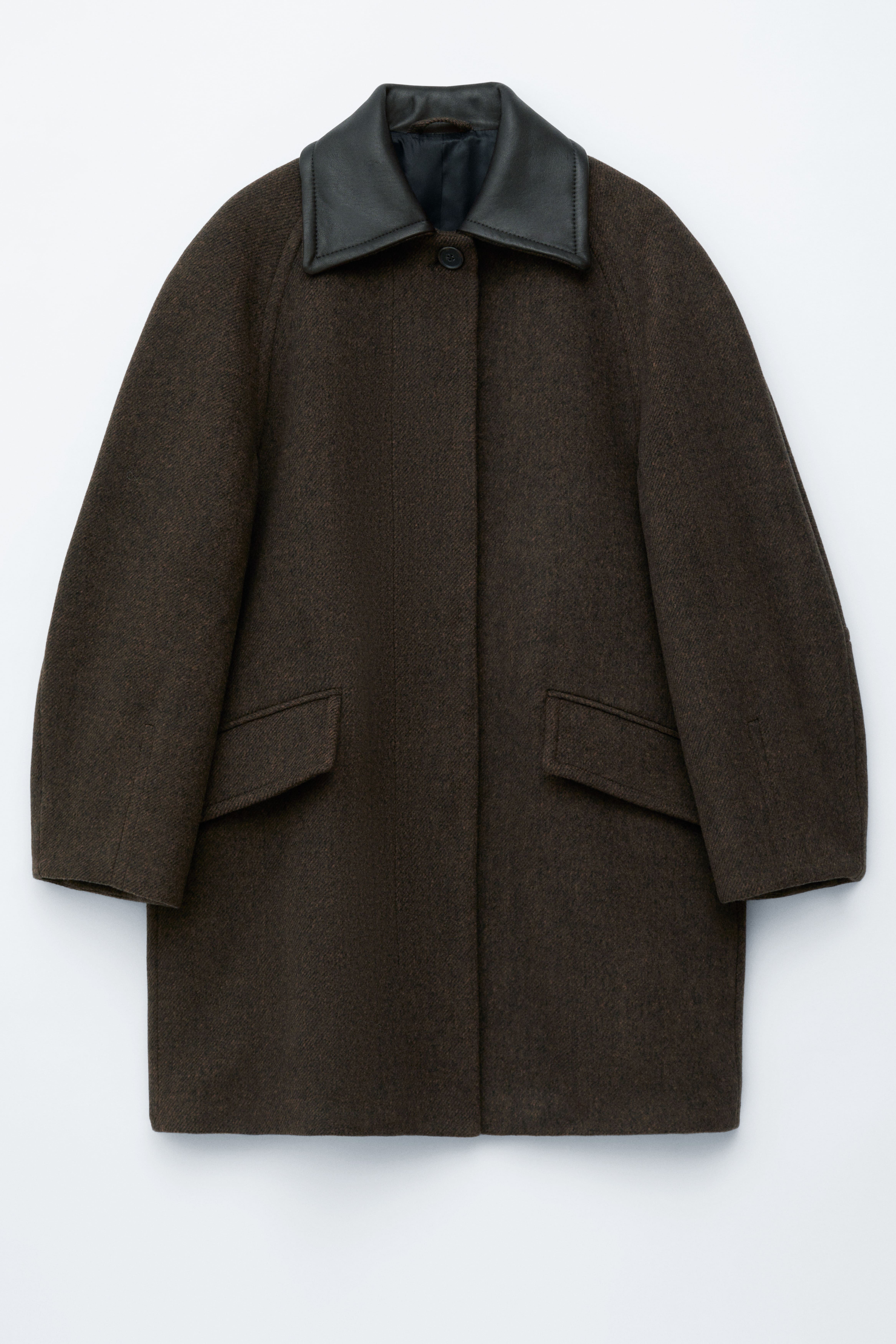 Oversized-Wollmantel mit Lederkragen - Dunkelbraun