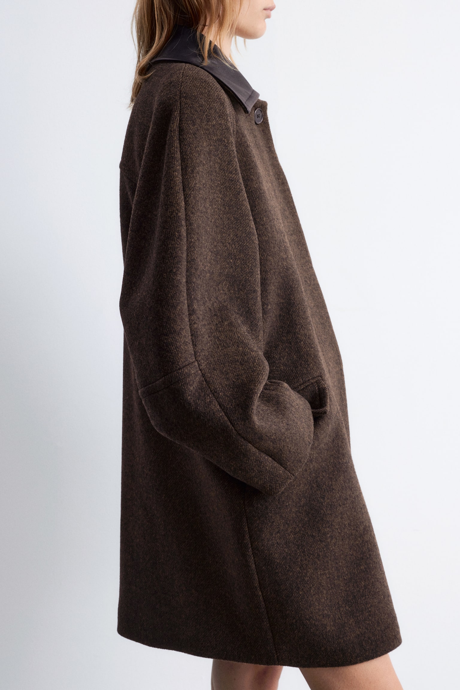 Oversized wollen jas met leren kraag - Donkerbruin - 9