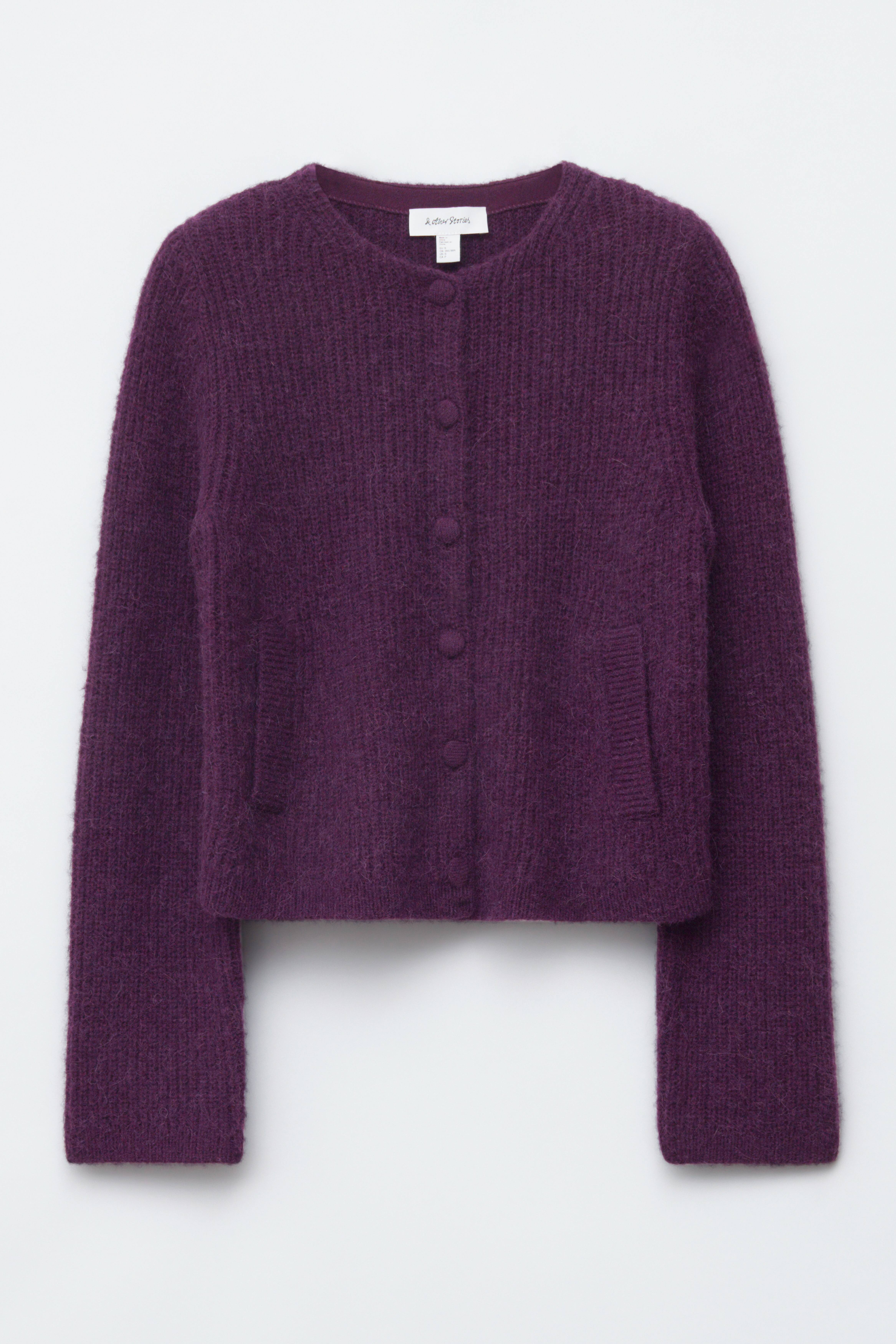 Ribbstickad cardigan - Mörklila/Beige/Svart