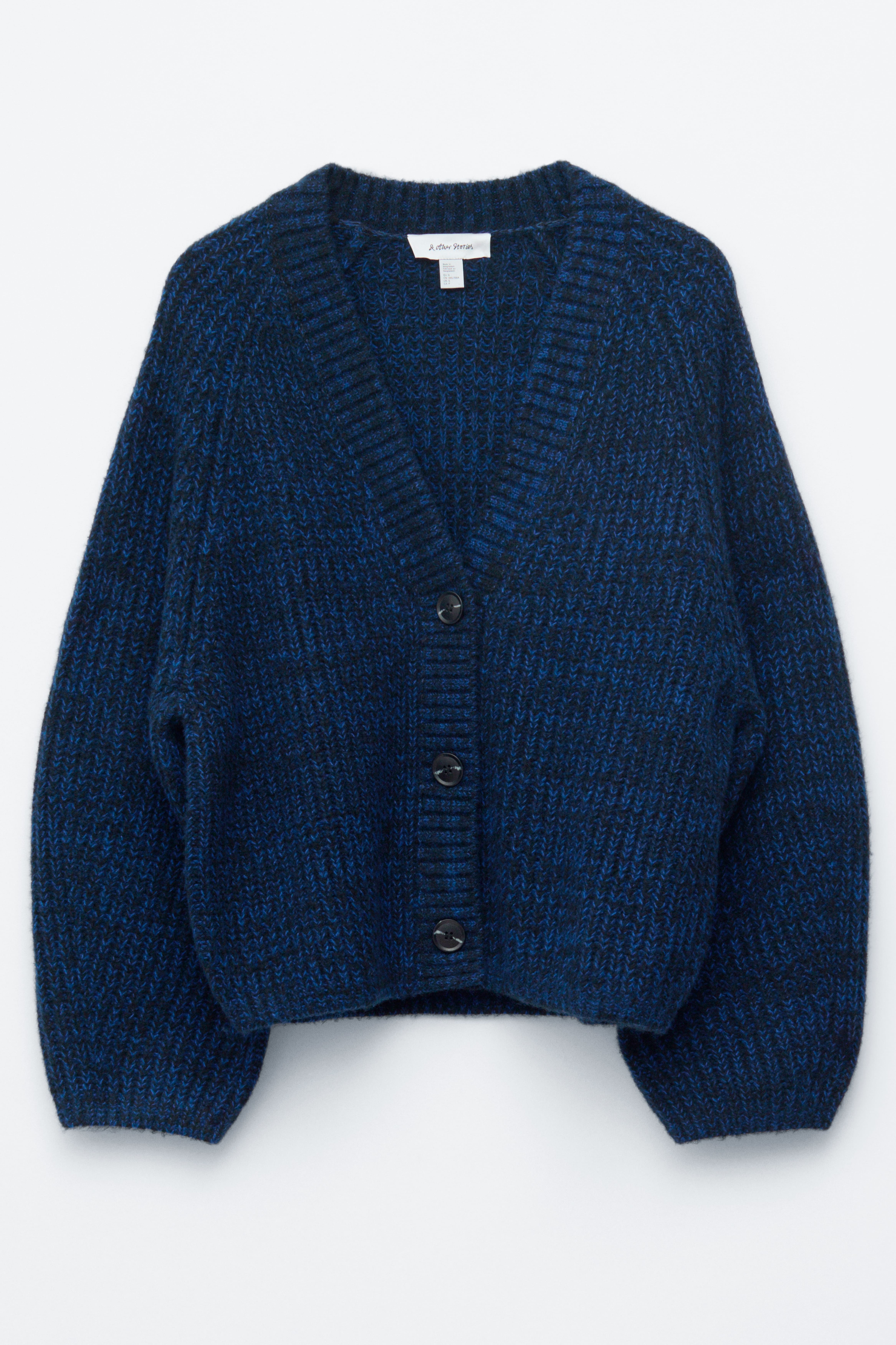 Grob gerippte Strickjacke - Blau/Meliert/Dunkelbraun