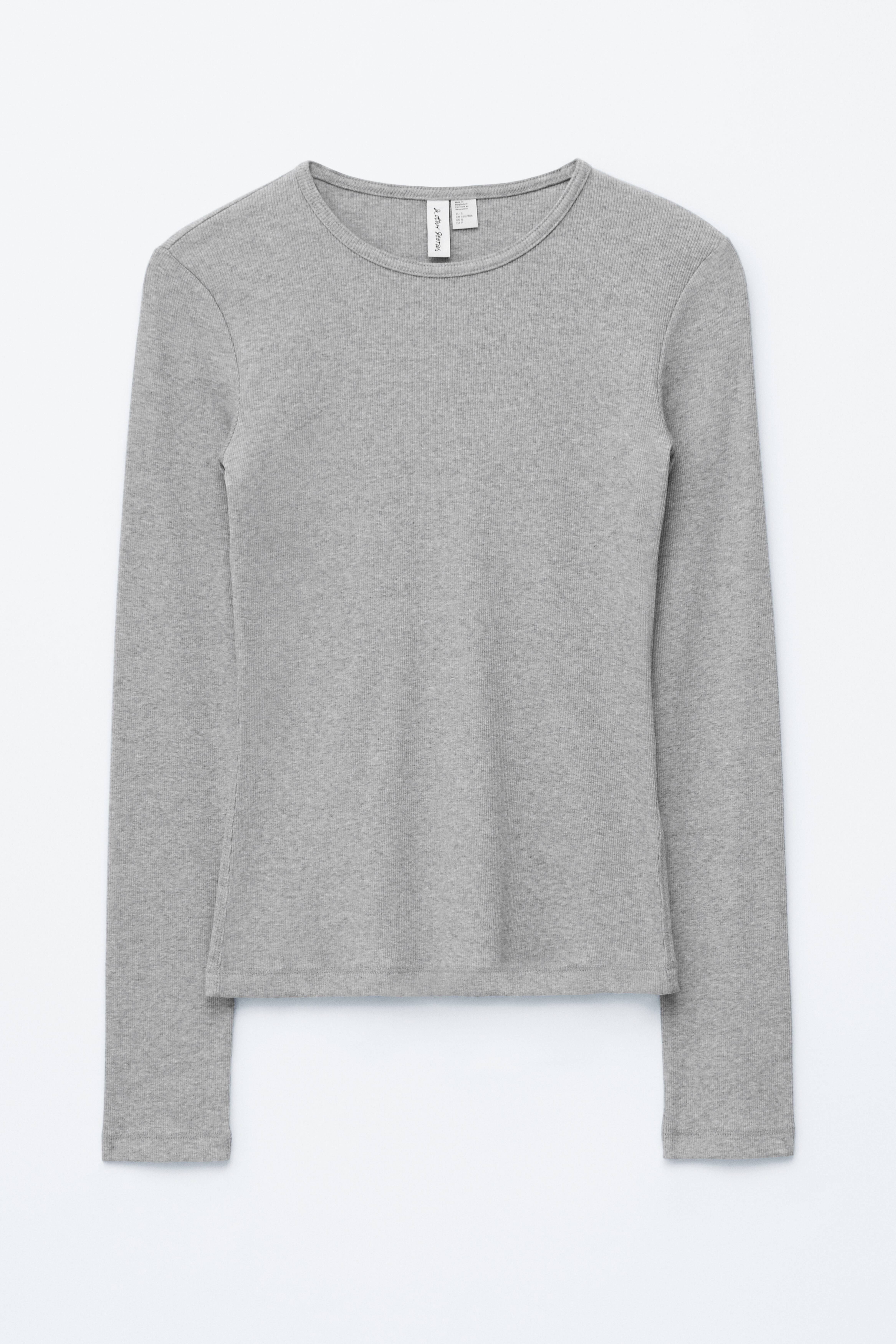 Maglia a maniche lunghe con finitura a coste - Grigio chiaro/Bianco/Giallo pastello/Marrone scuro/Nero/Righe beige/nero/Righe marrone/bianco/Verde scuro