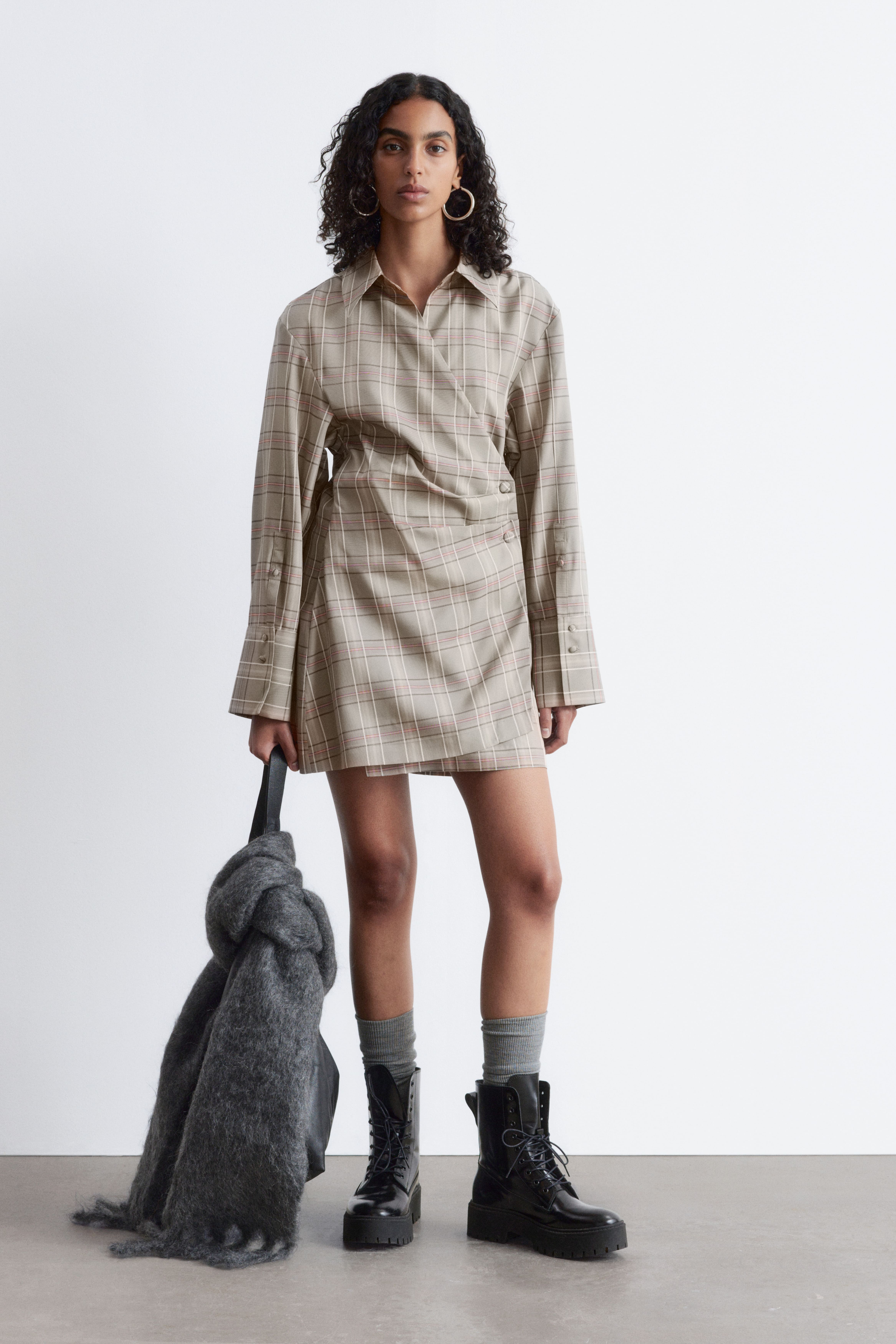 Miniklänning med omlott - Grön/beigerutig