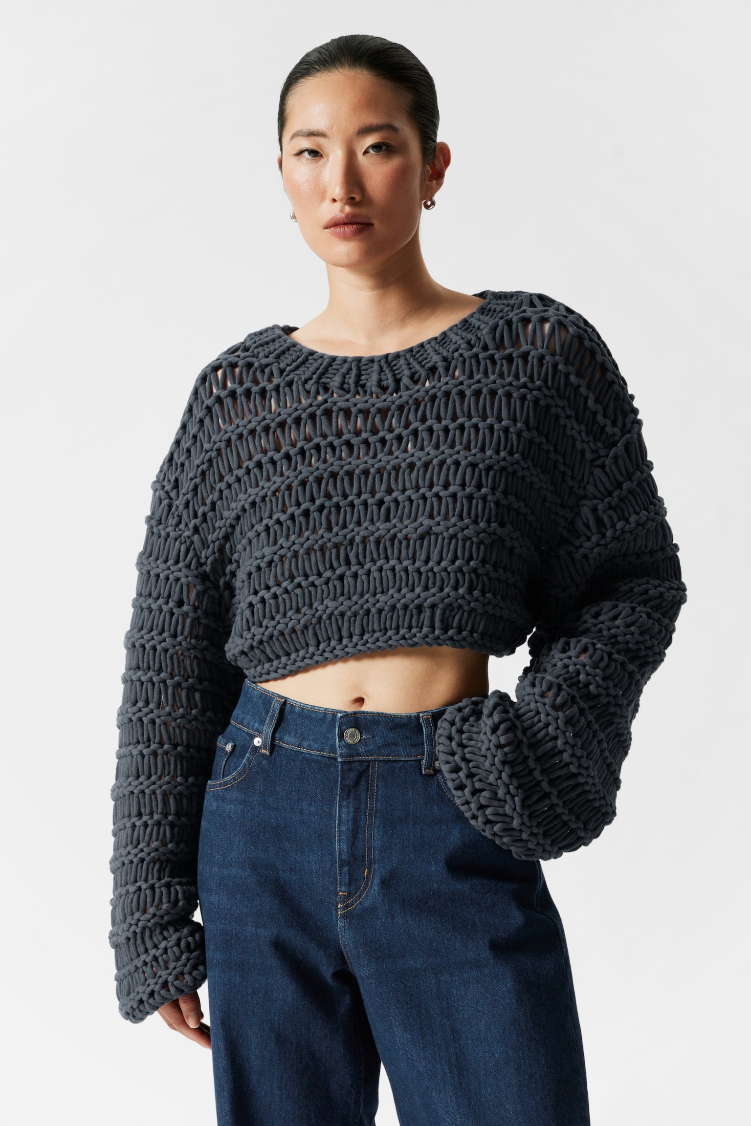 Cropped Open-Stitch Jumper - Navy - 1