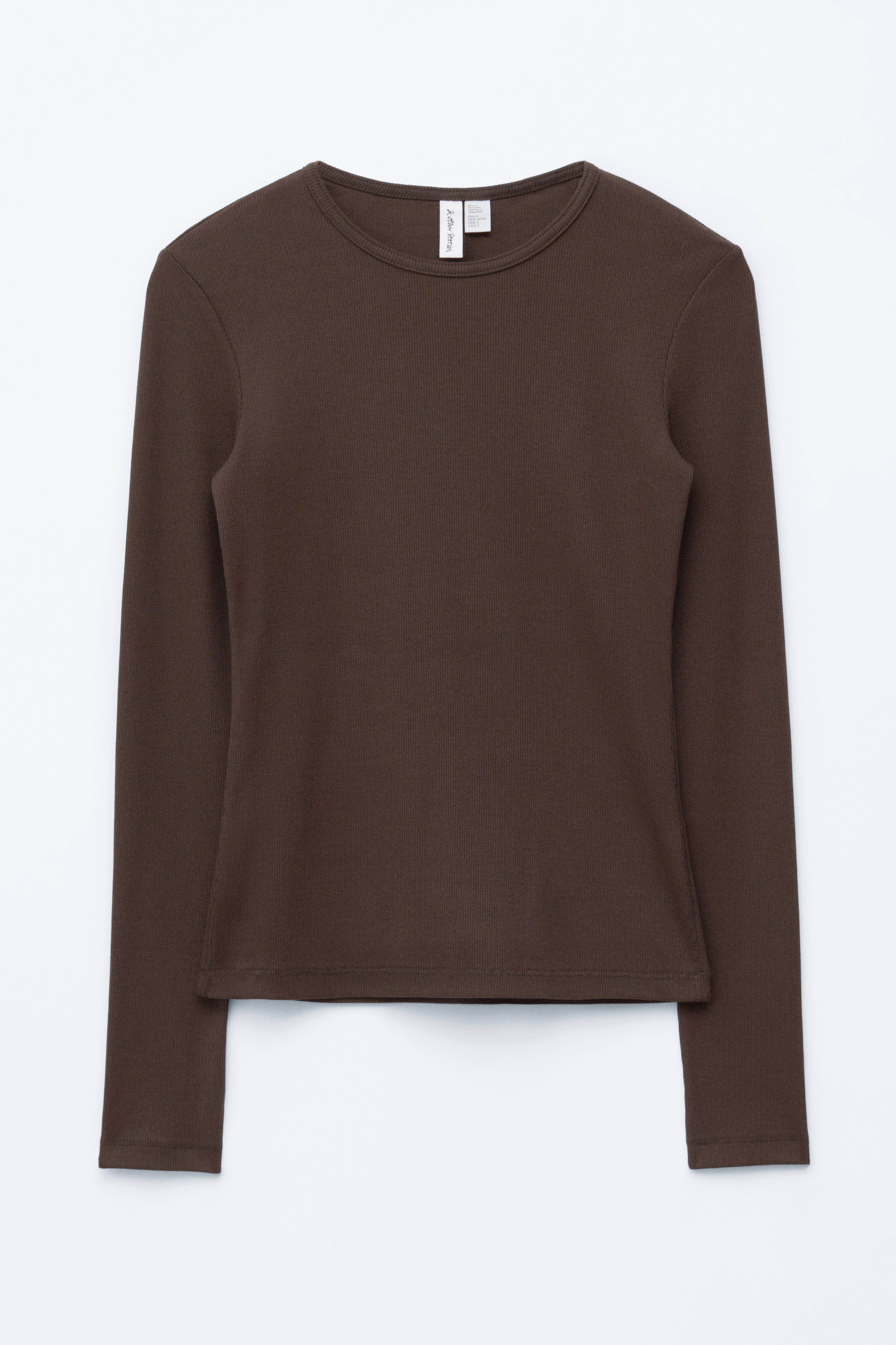 Maglia a maniche lunghe con finitura a coste - Marrone scuro/Bianco/Giallo pastello/Grigio chiaro/Nero/Righe beige/nero/Righe marrone/bianco/Verde scuro