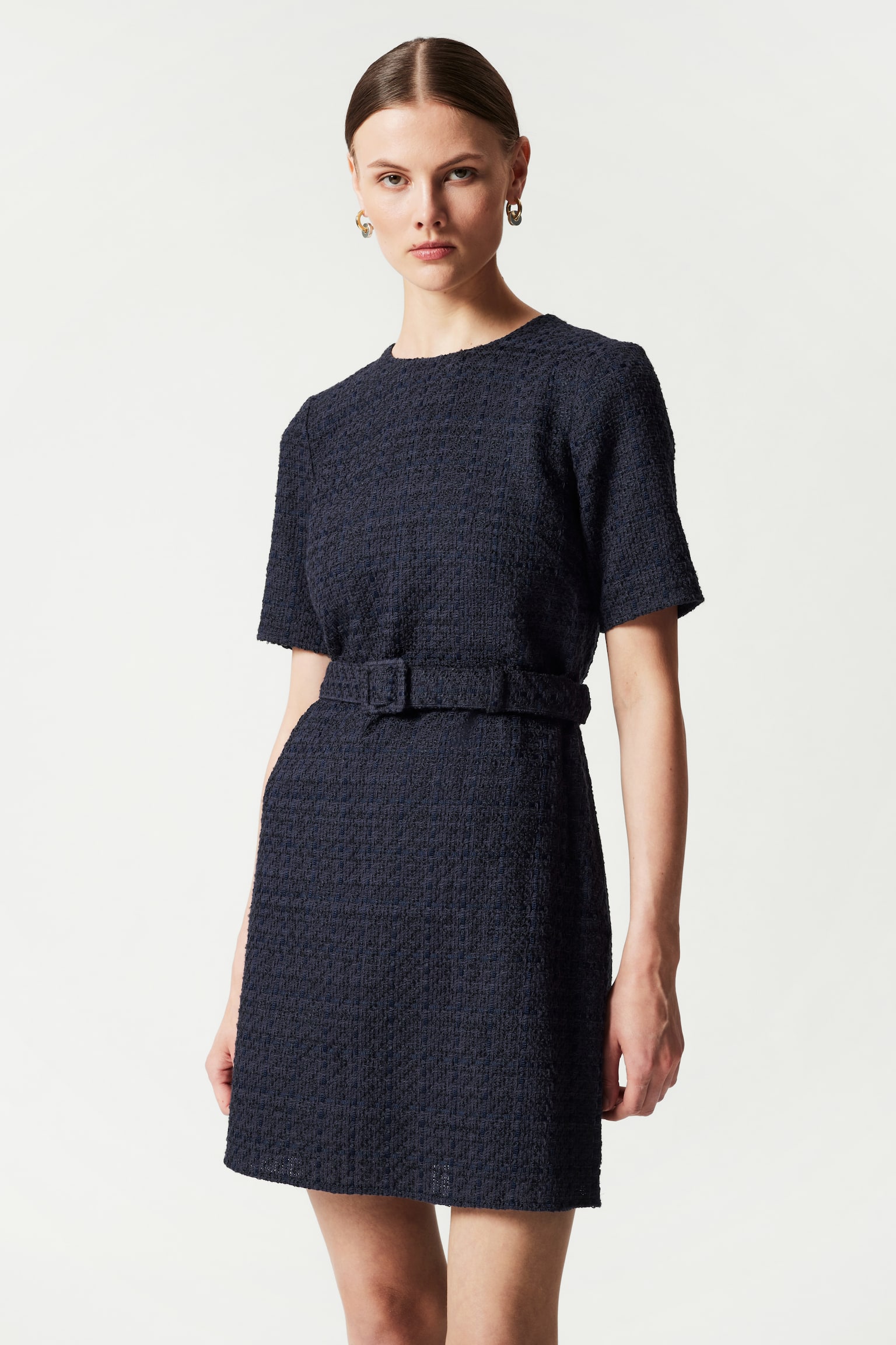 Tweed Belted Mini Dress - Dark Blue Tweed - 1