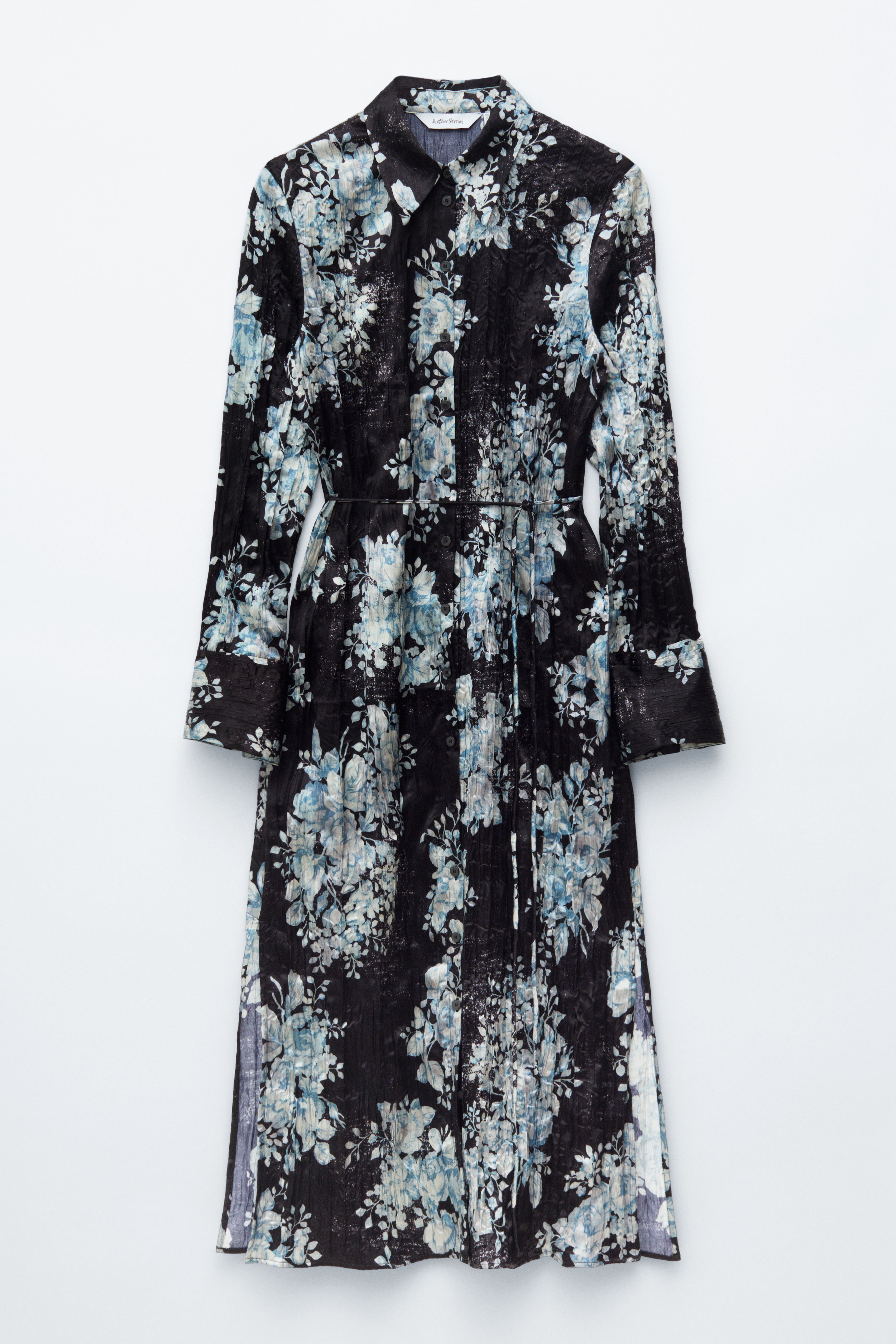 Midi košeľové šaty z krepového materiálu - Čierna kvetinová