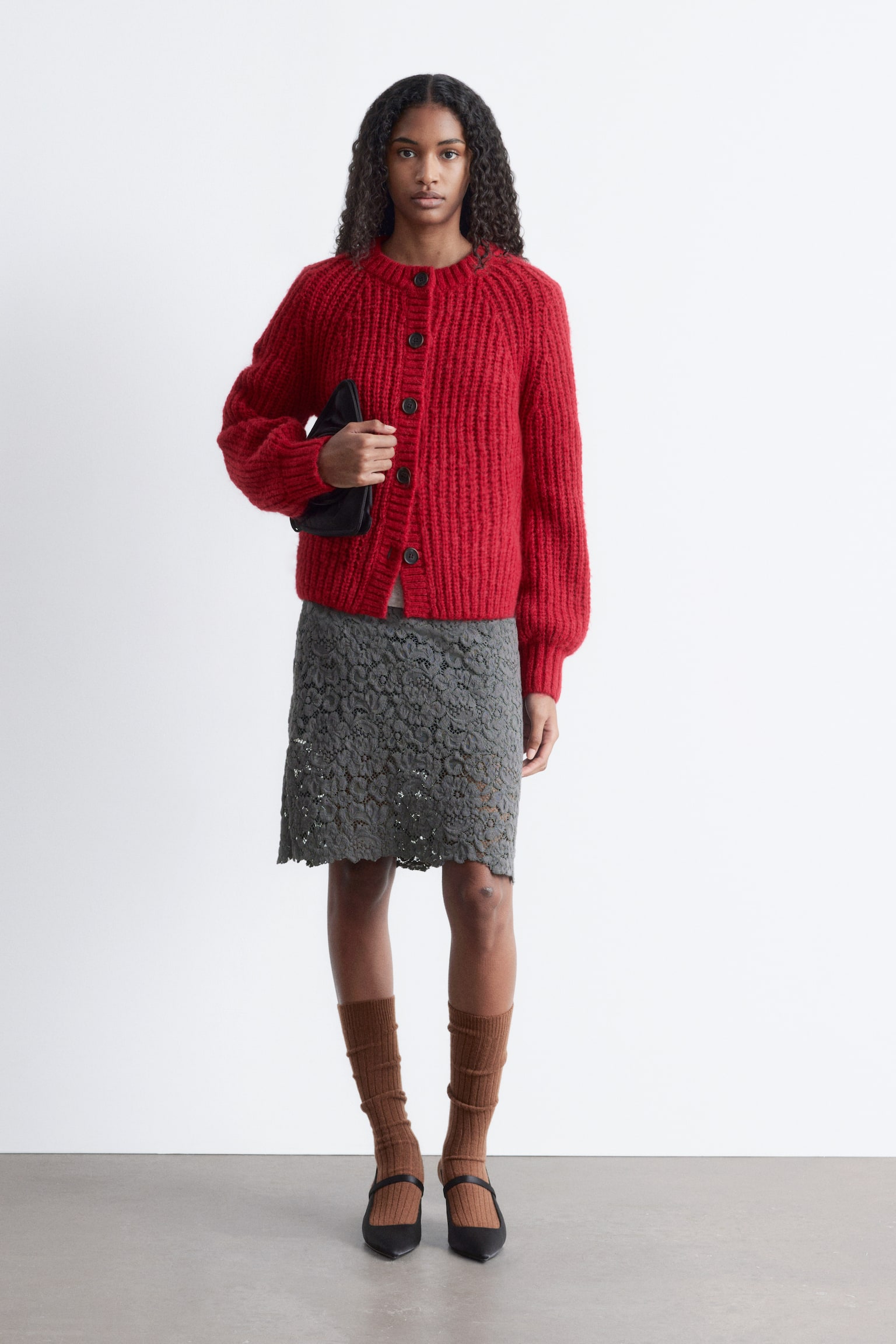 Cardigan mit Ballonärmeln - Rot/Creme - 4