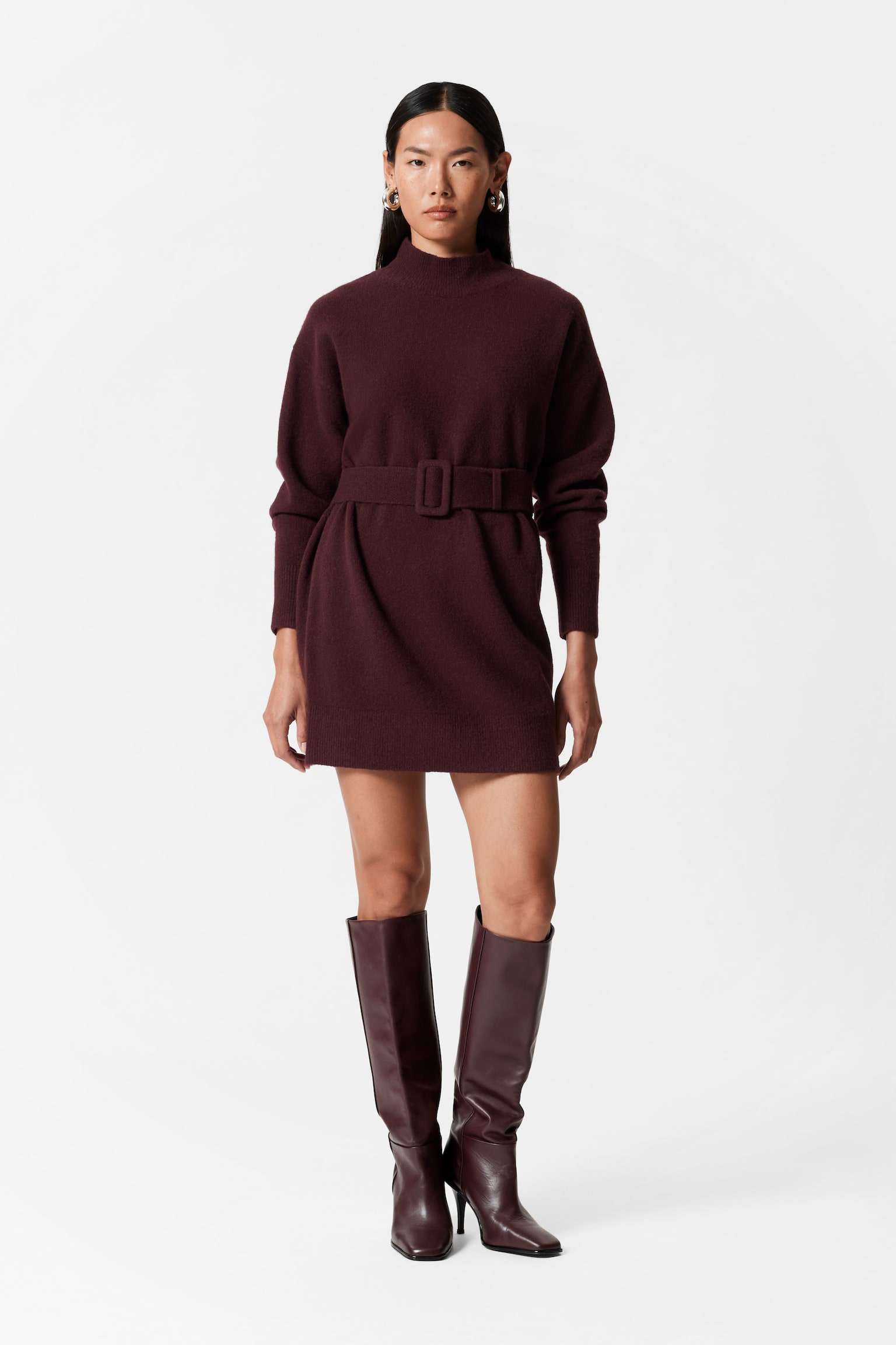 Belted Mini Knit Dress - Dark Red/Black/Grey - 1