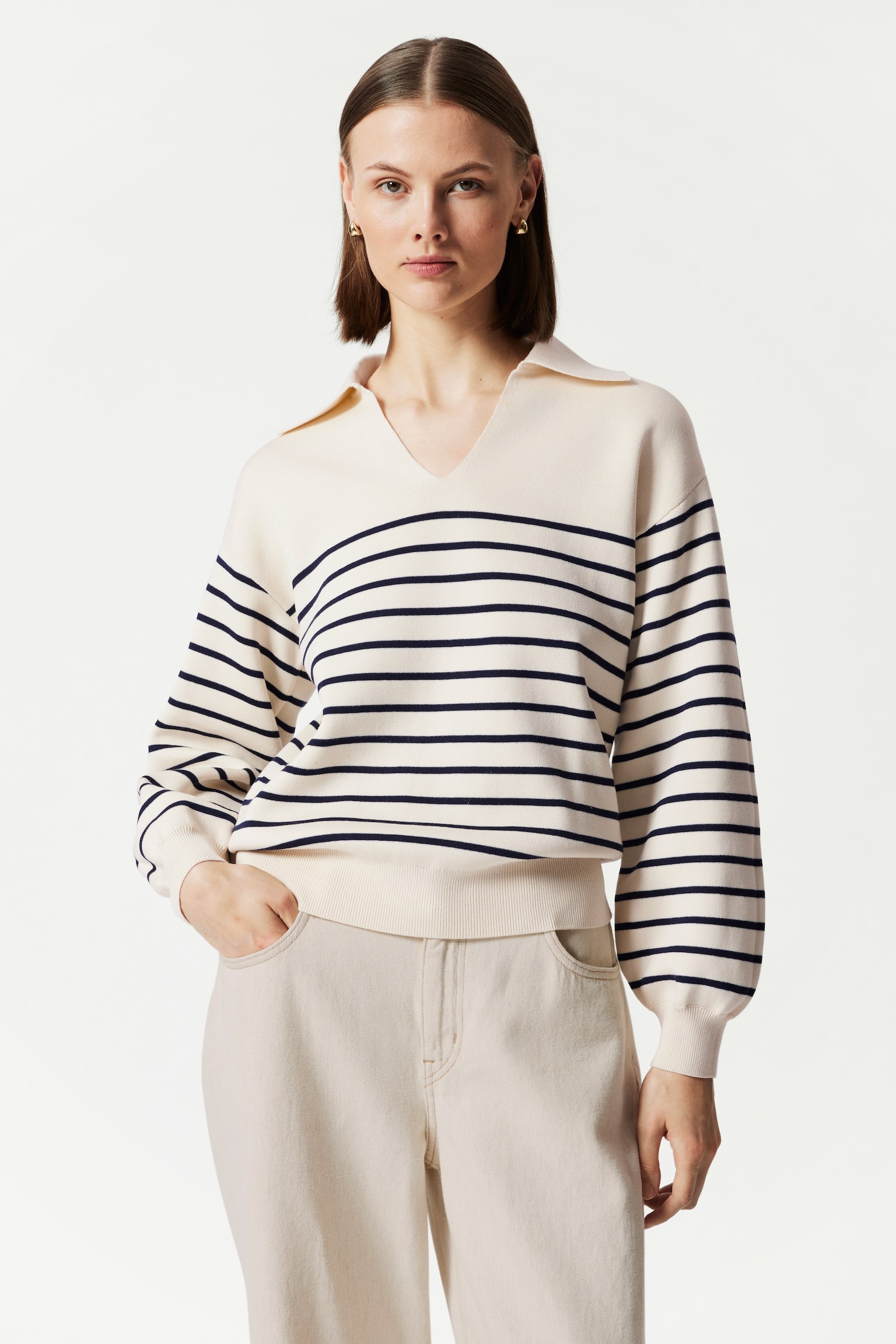 Relaxed Collared Sweater - White Stripes - 1